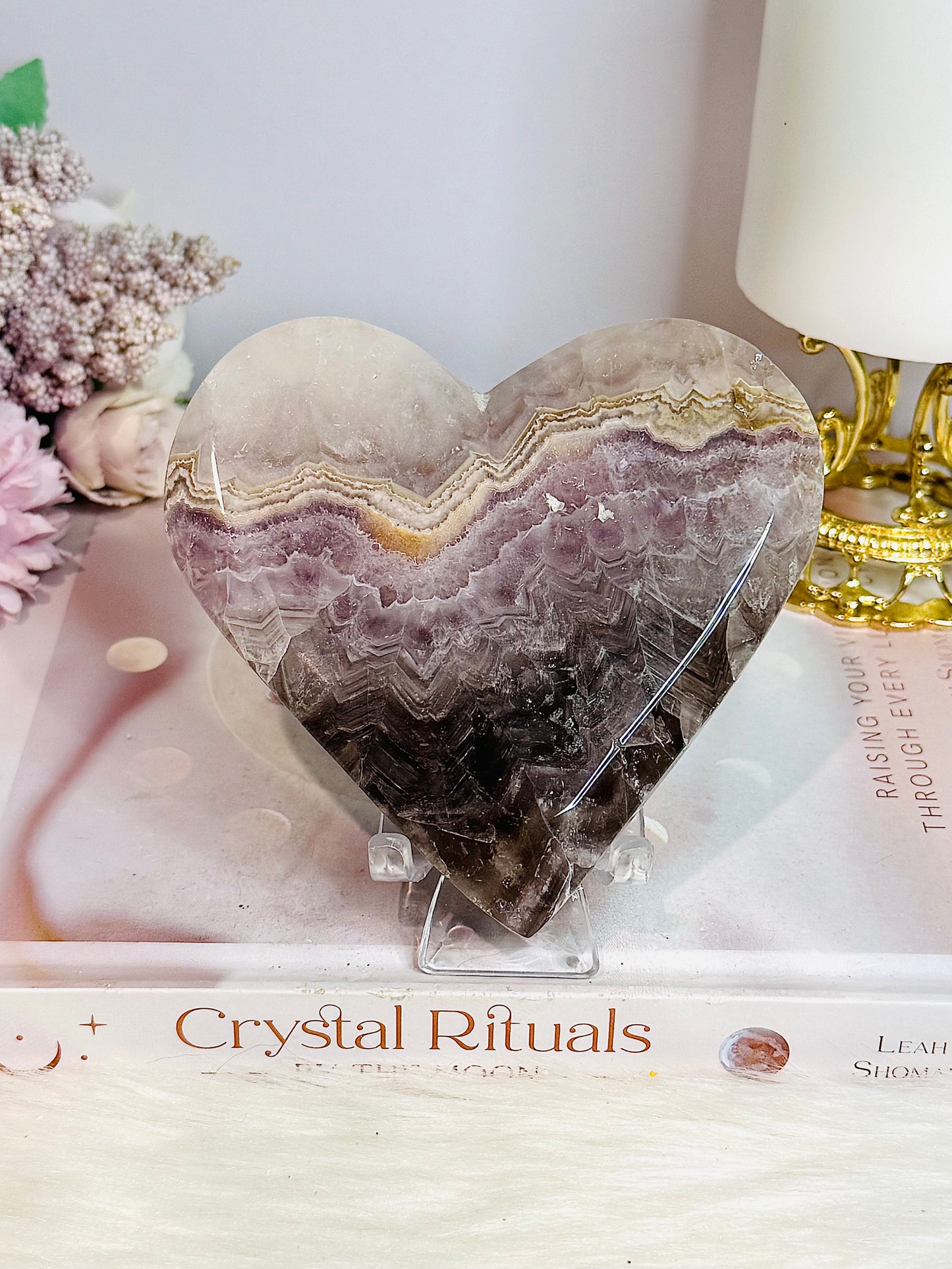 Large Amethyst X Agate Carved Heart on Stand