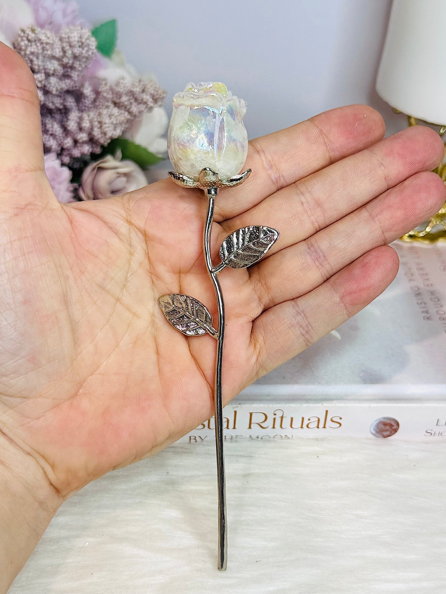 Angel Aura Clear Quartz Rose with Silver Stem 15cm