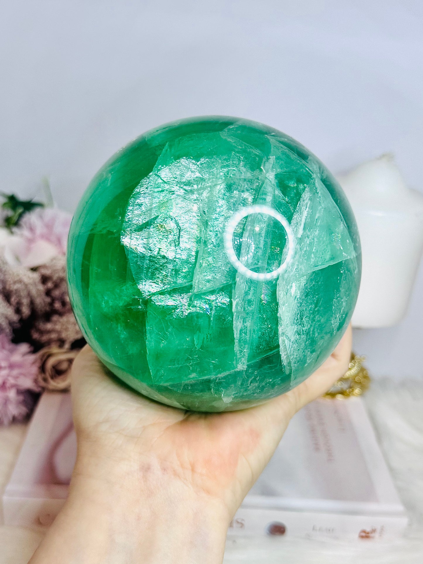 Huge High Grade Green Fluorite Sphere with Rainbows on Stand 2.4KG