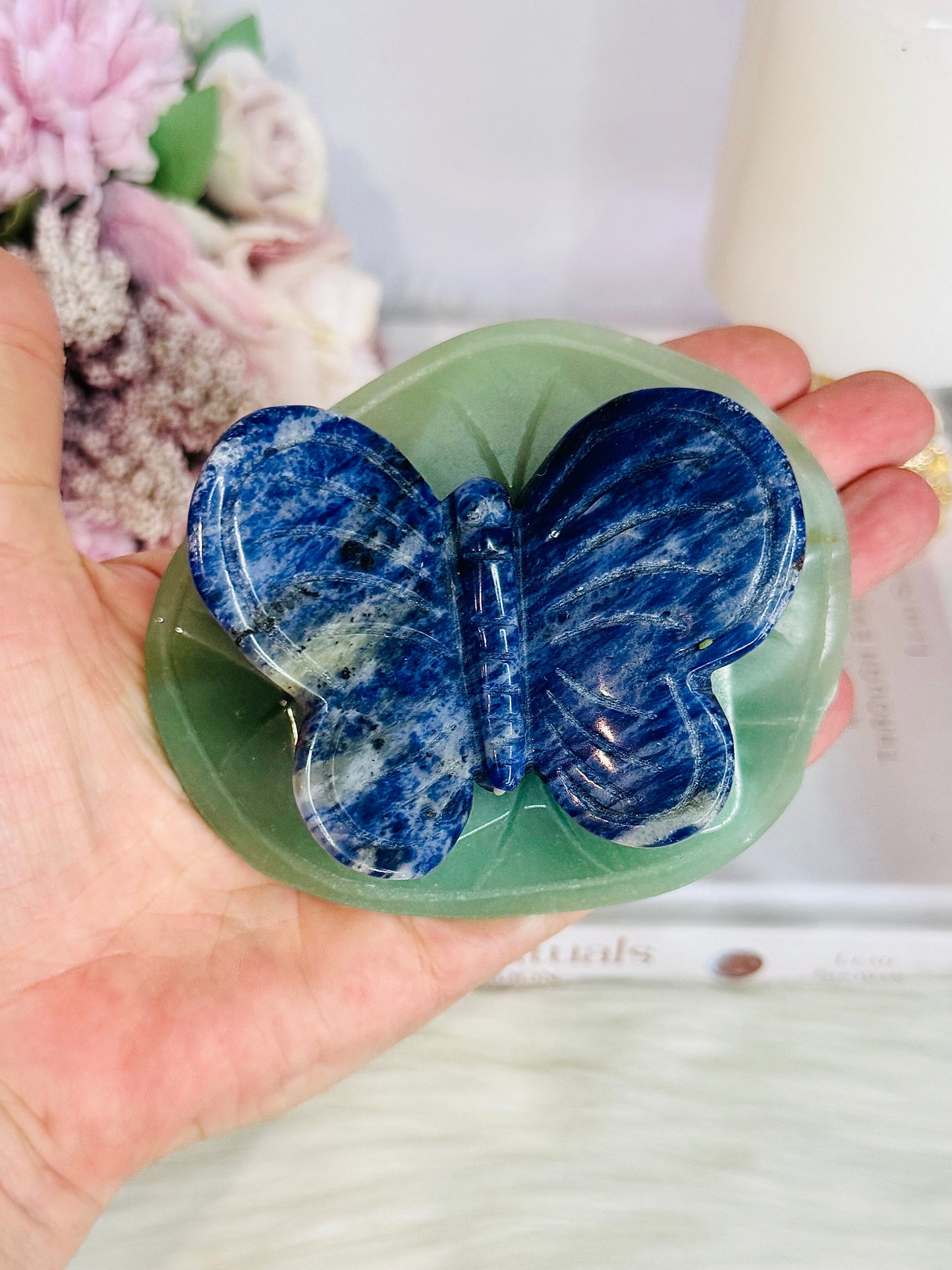 Beautiful Large Blue Sodalite Carved Butterfly On Green Aventurine Lillypad / Leaf 10cm