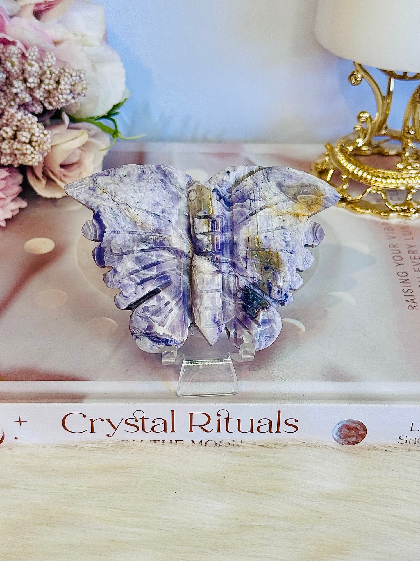 Stunning 10cm Natural Tiffany Stone Carved Butterfly On Stand