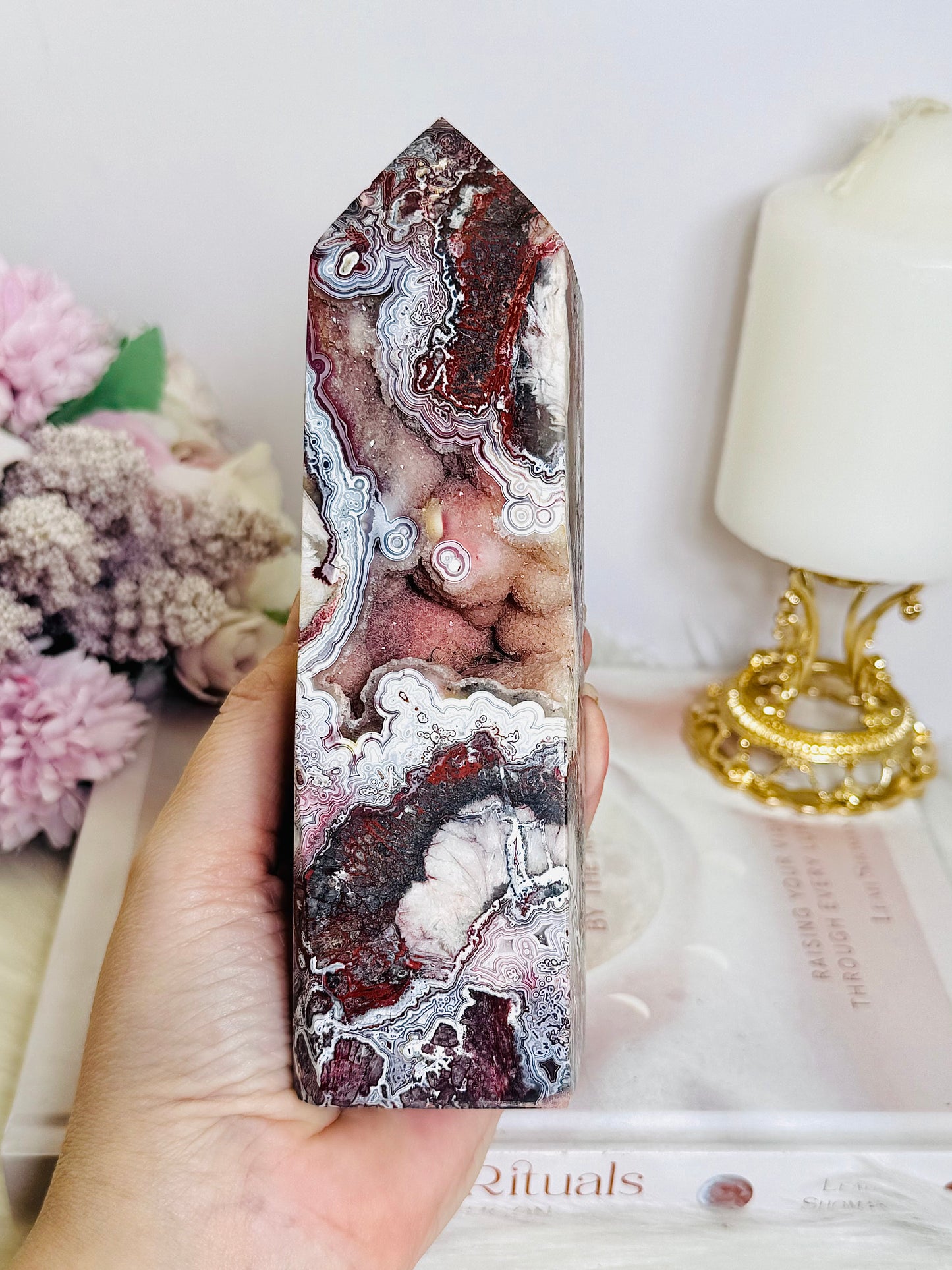 High Grade Druzy Mexican Lace Agate Chunky Tower 635g 16cm