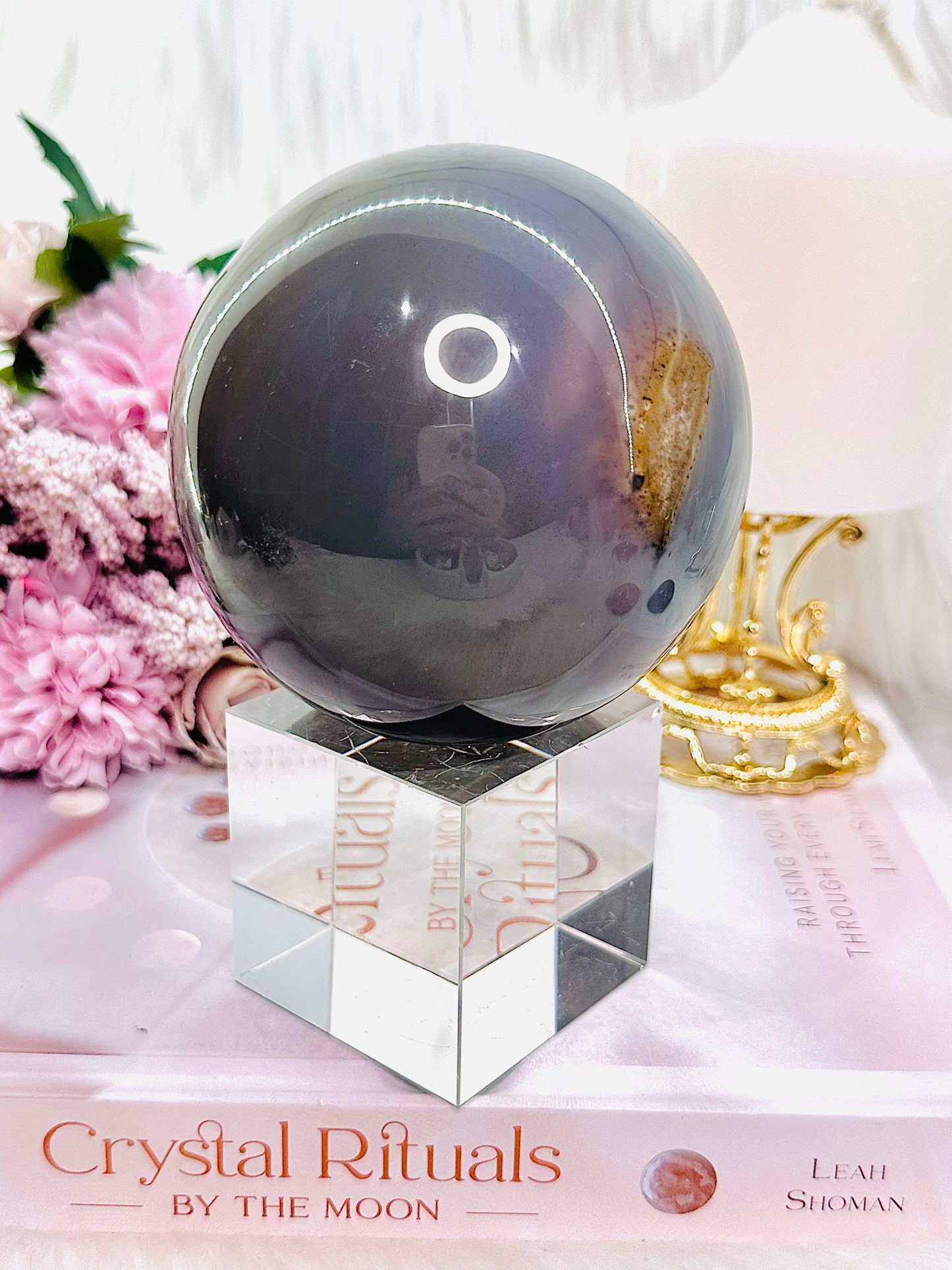 Magical & Incredible Large 821gram Perfect Druzy Agate Sphere On Stand From Brazil (Glass stand in pic is display only)