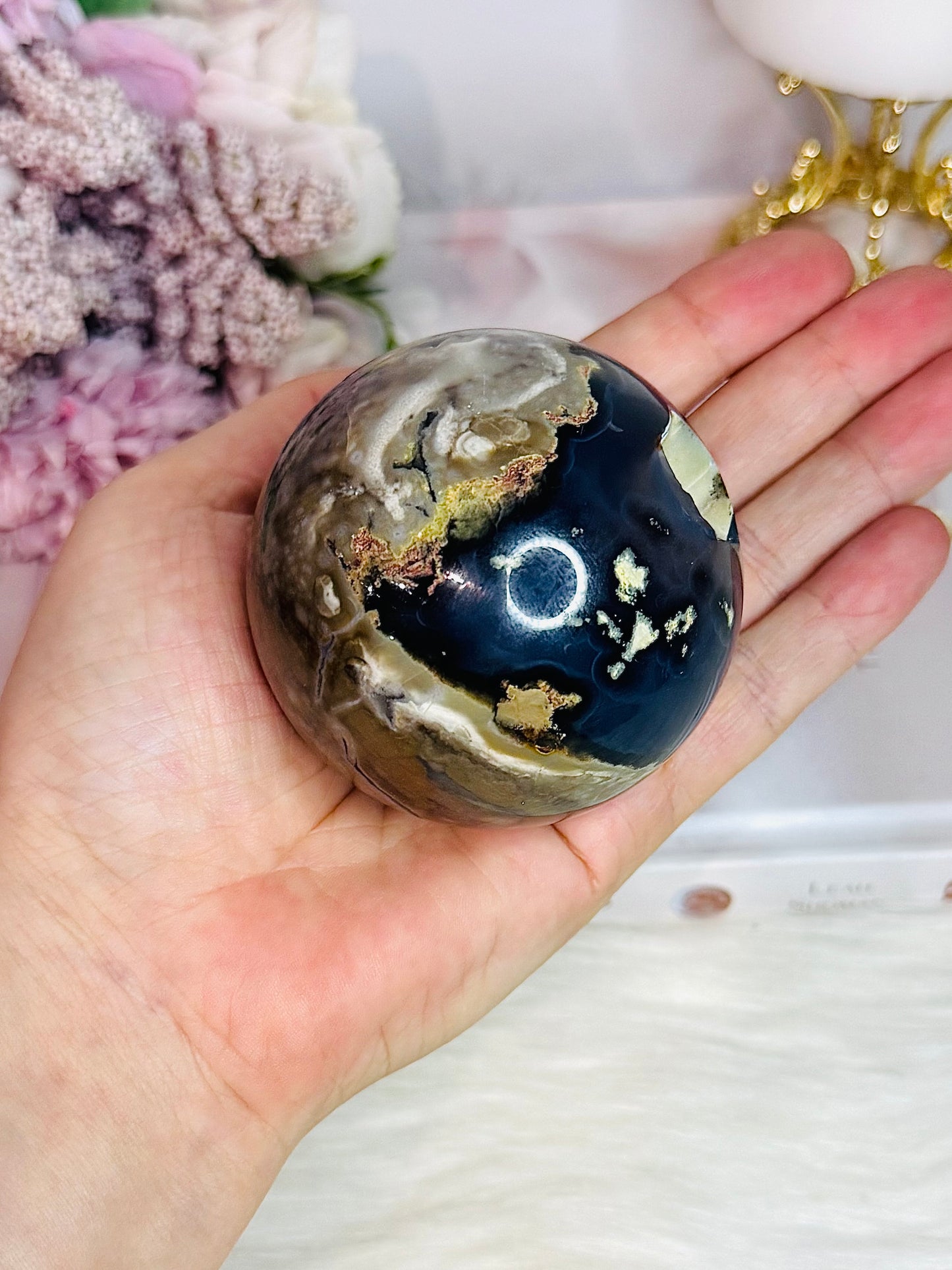 Natural Volcano Agate Druzy Sphere UV Reactive On Stand 363grams