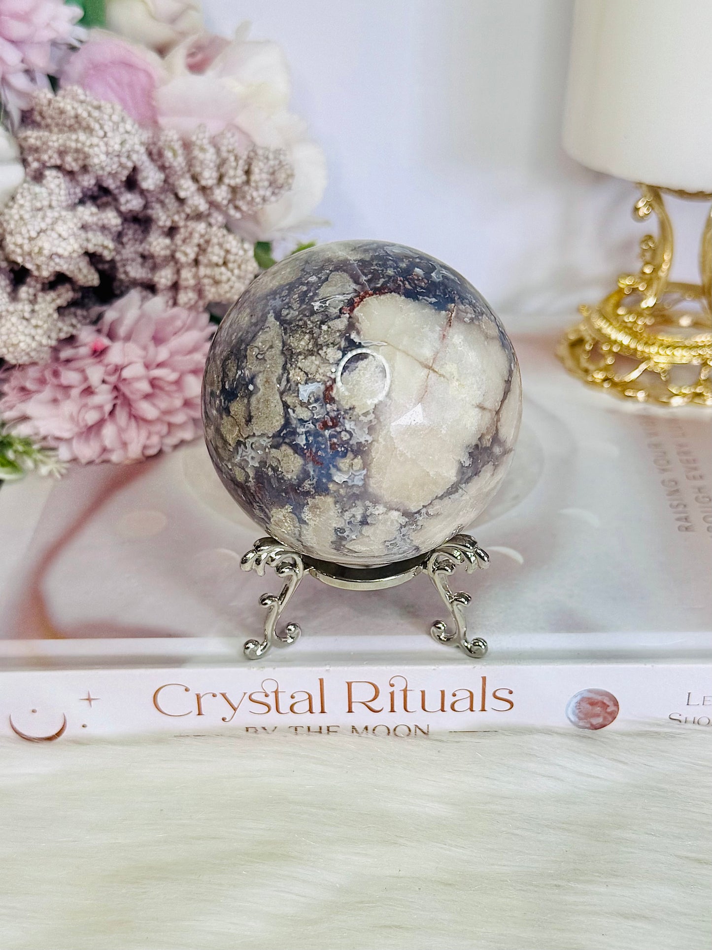 Gorgeous Natural Cherry Agate Carved Sphere On Stand 371grams