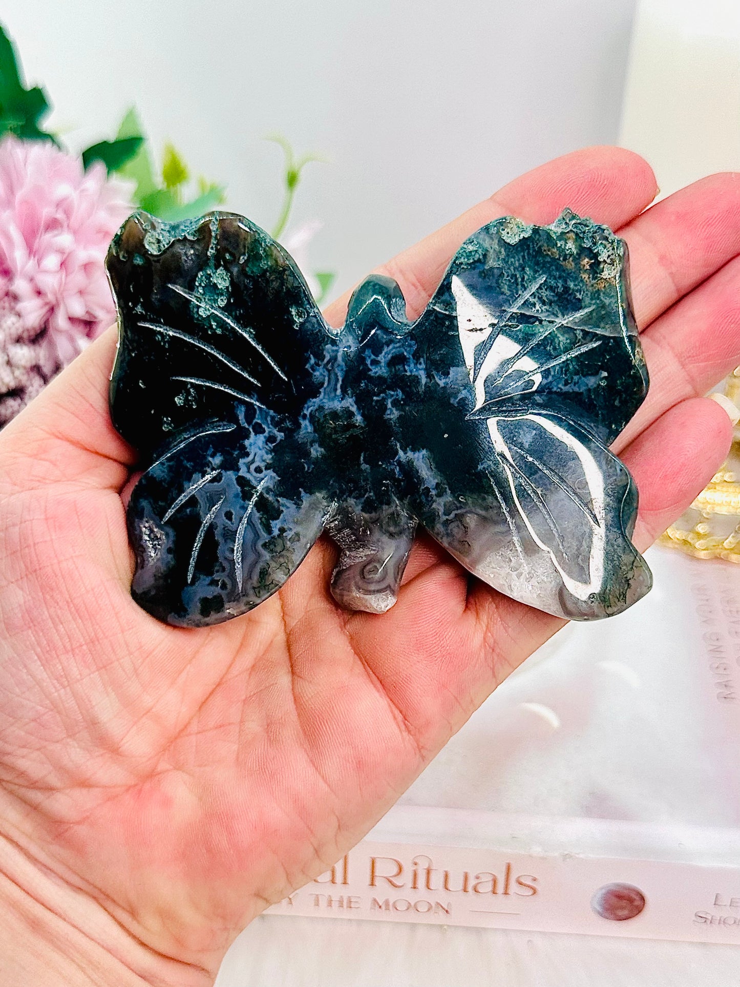 Divine Druzy Moss Agate Fairy Carving On Stand