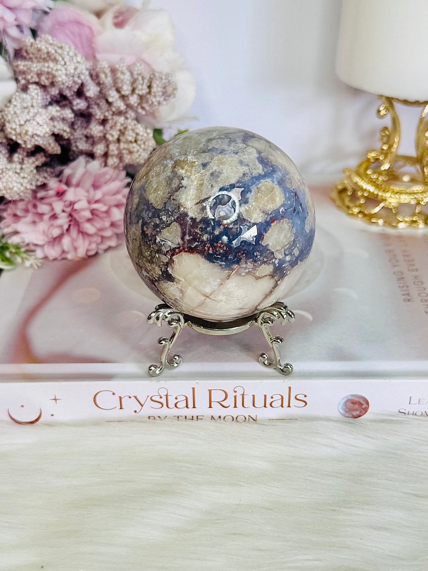 Gorgeous Natural Cherry Agate Carved Sphere On Stand 371grams