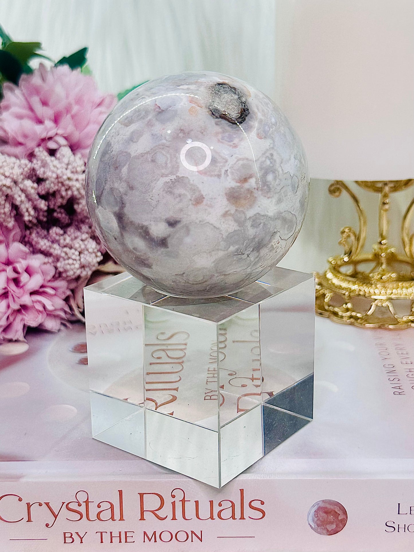 Pink Amethyst Druzy Sphere on Stand 381Grams From Brazil (Glass stand in pic is display only)