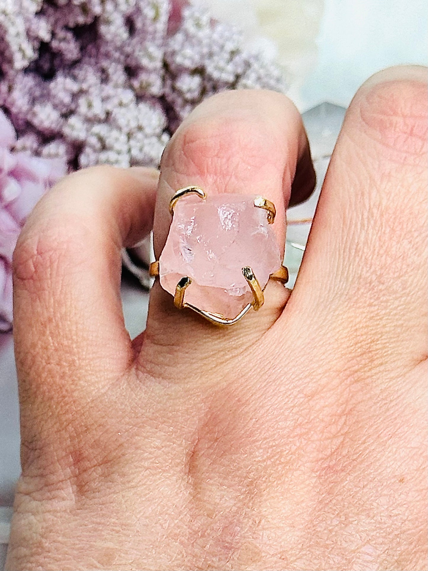 Natural Rose Quartz Gold Plated Adjustable Ring From Brazil ~ In Gift Bag