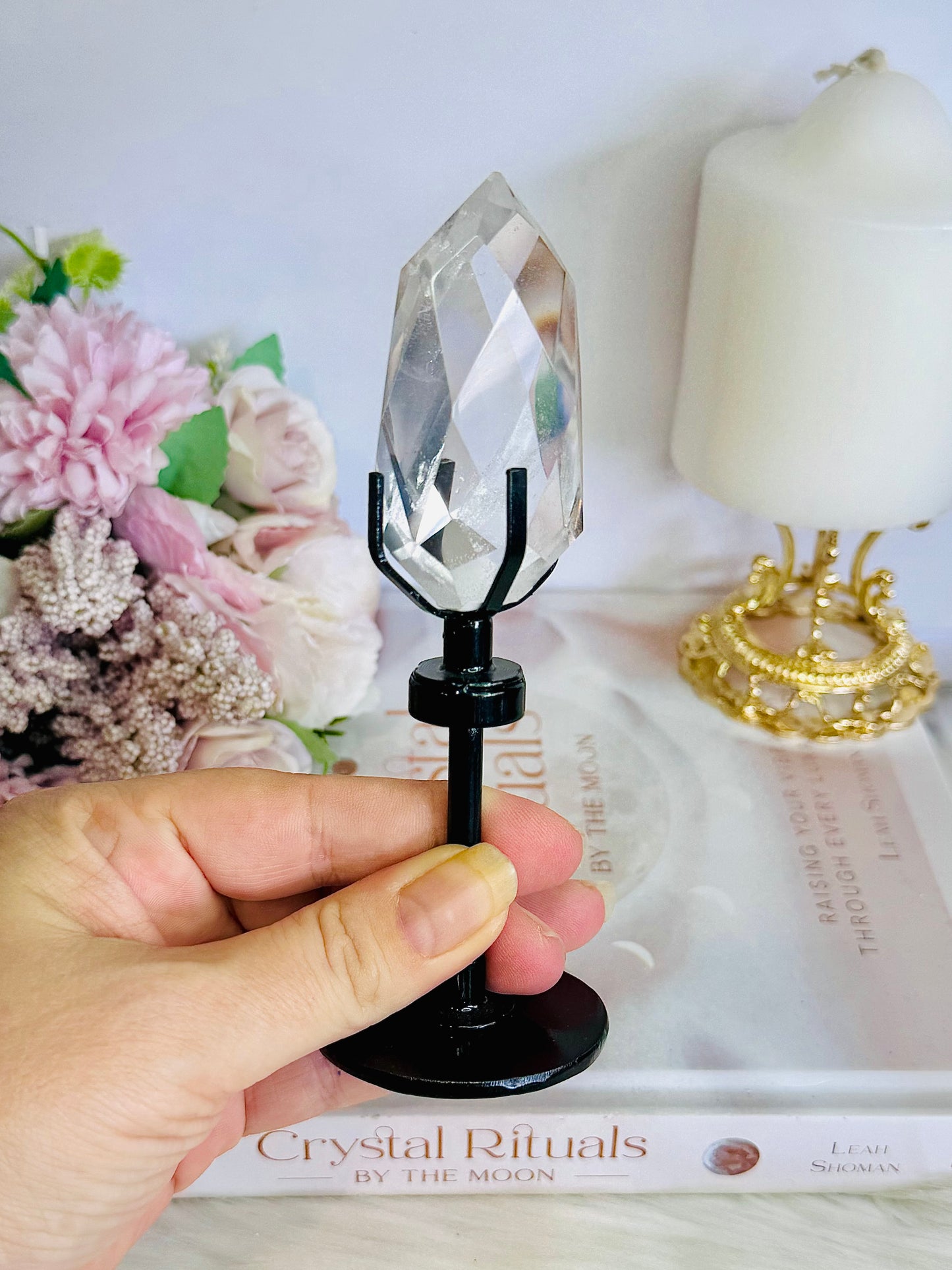 Classy & Fabulous High Grade Clear Quartz Faceted Diamond on Stand 14cm Tall