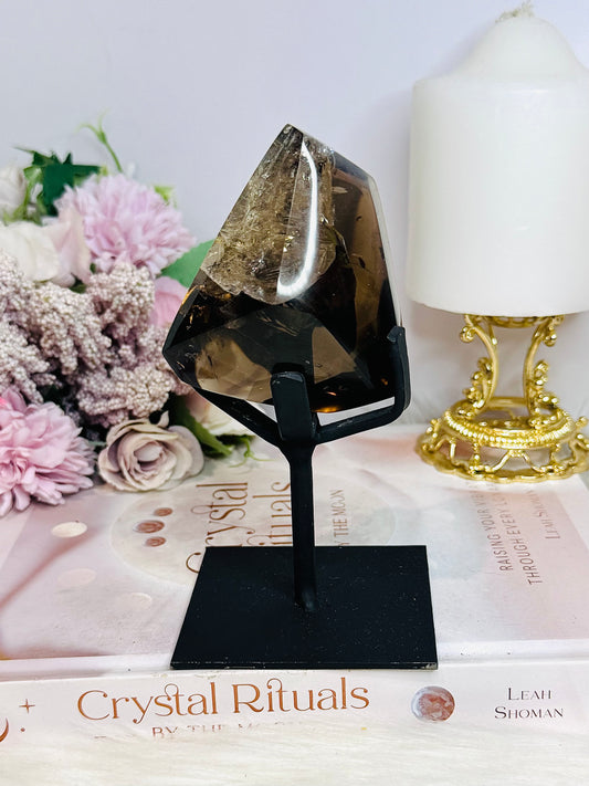 High Grade Smokey Quartz Polished Freeform With Rainbows On Stand 375g