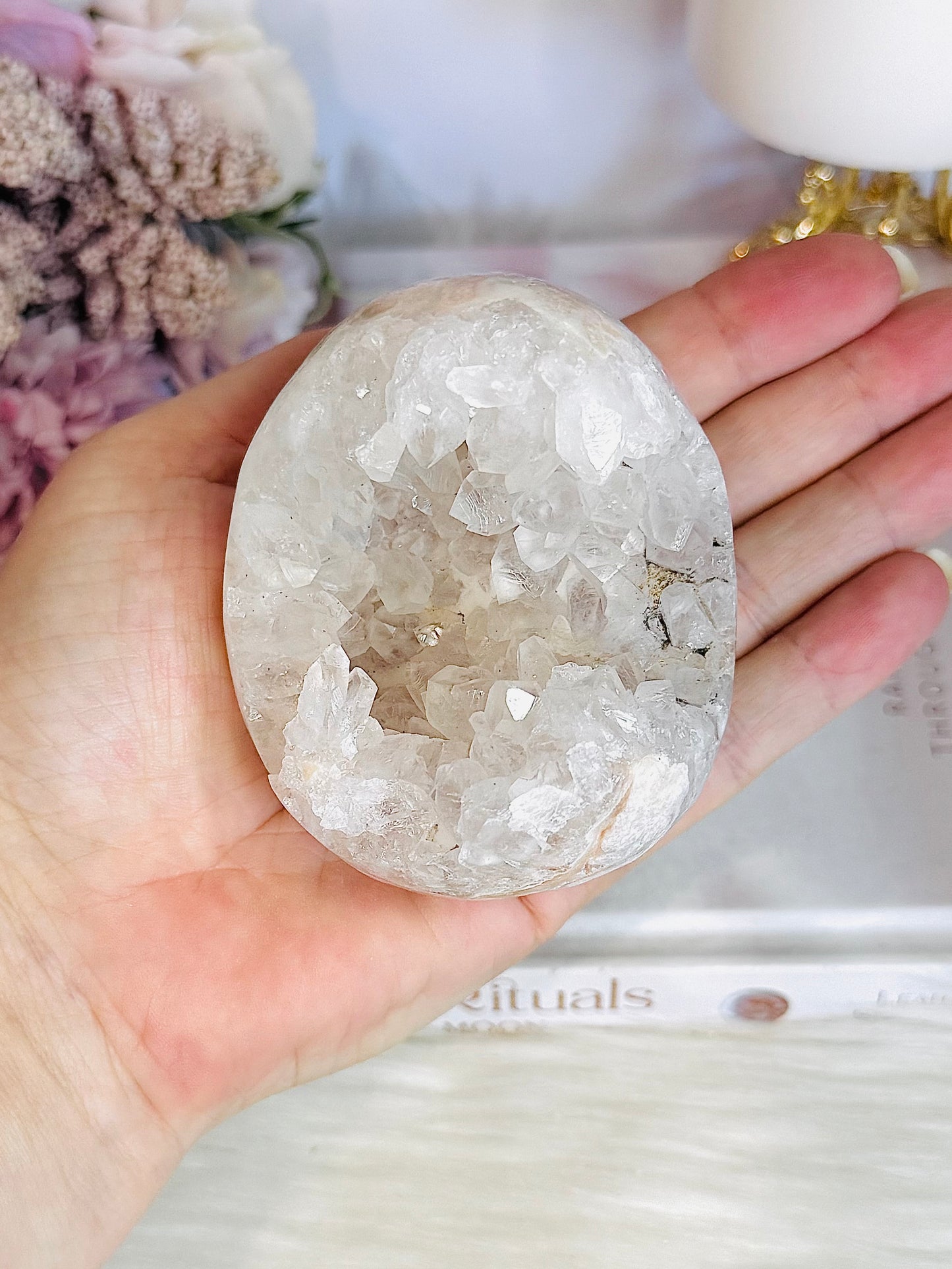 Druzy Flower Agate Egg On Stand 351grams