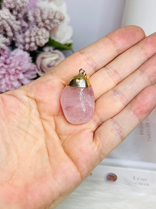 Gold Plated Rose Quartz Pendant In Gift Bag