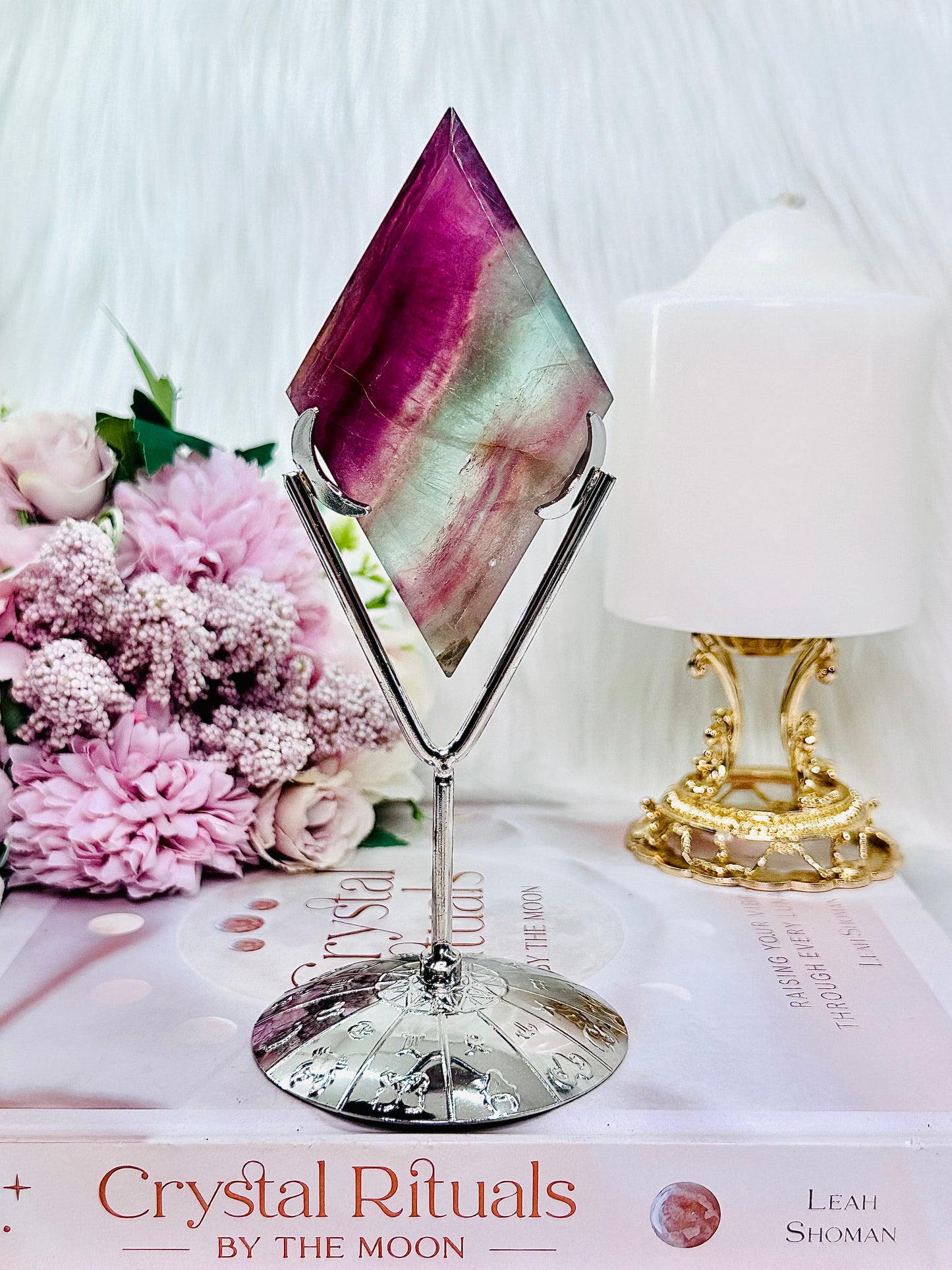 Classy & Fabulous Large 16.5cm Rainbow Fluorite Diamond | Rhombus On Silver Stand