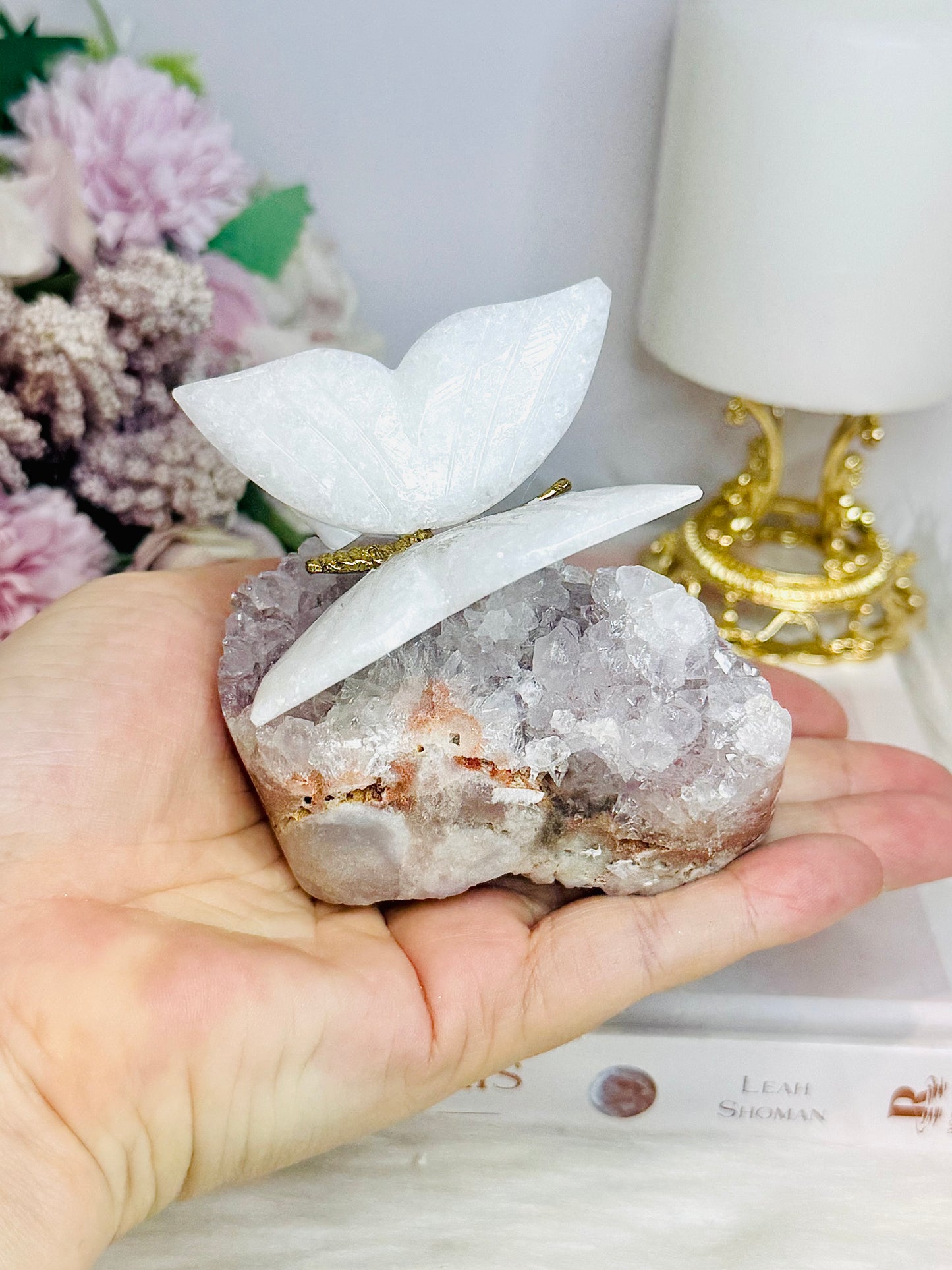 Chunky Pink Amethyst Cluster with White Jade Butterfly