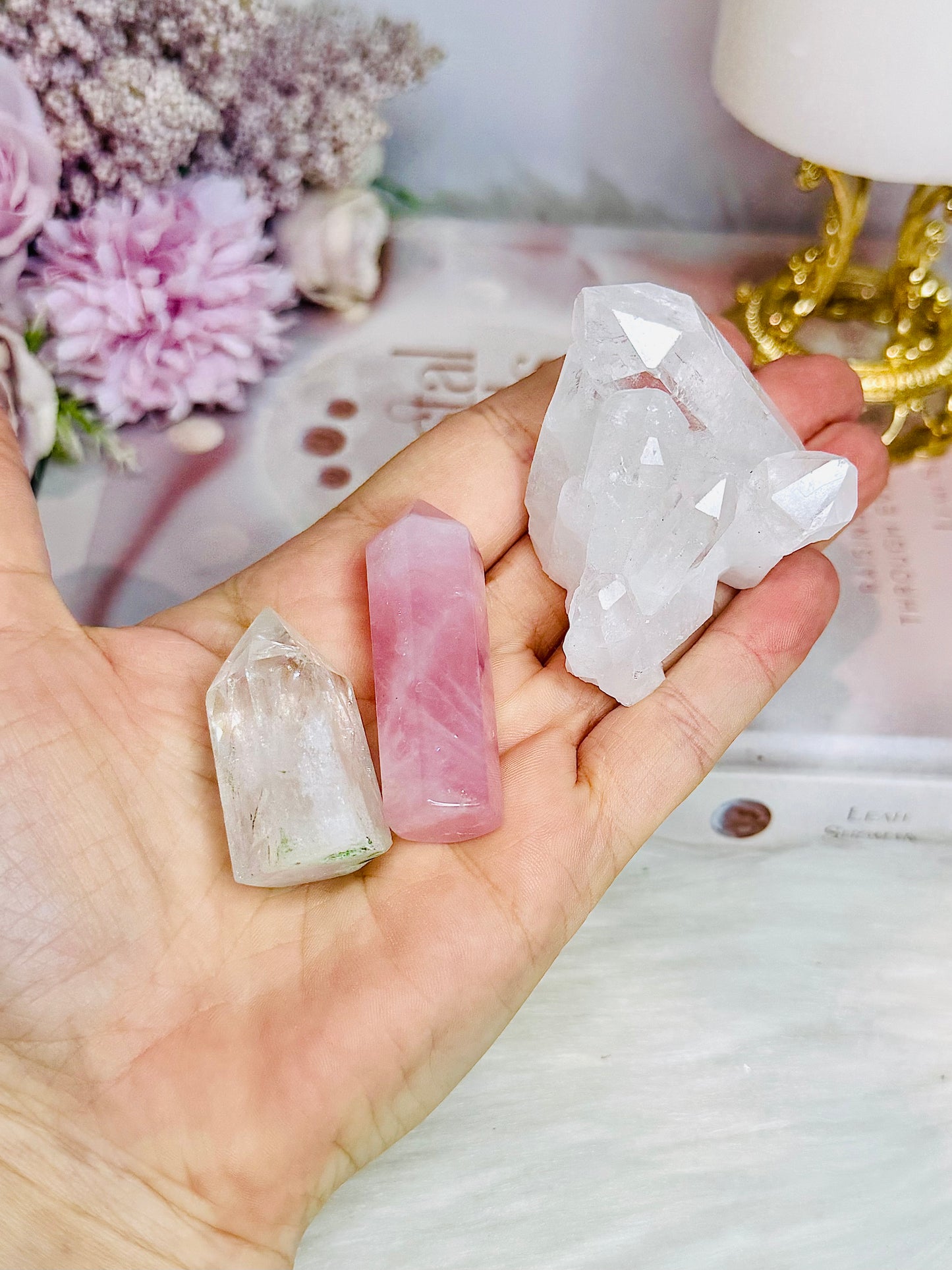 Gift Set ~ Mirror Tray 10cm Rose Quartz & Clear Quartz Towers