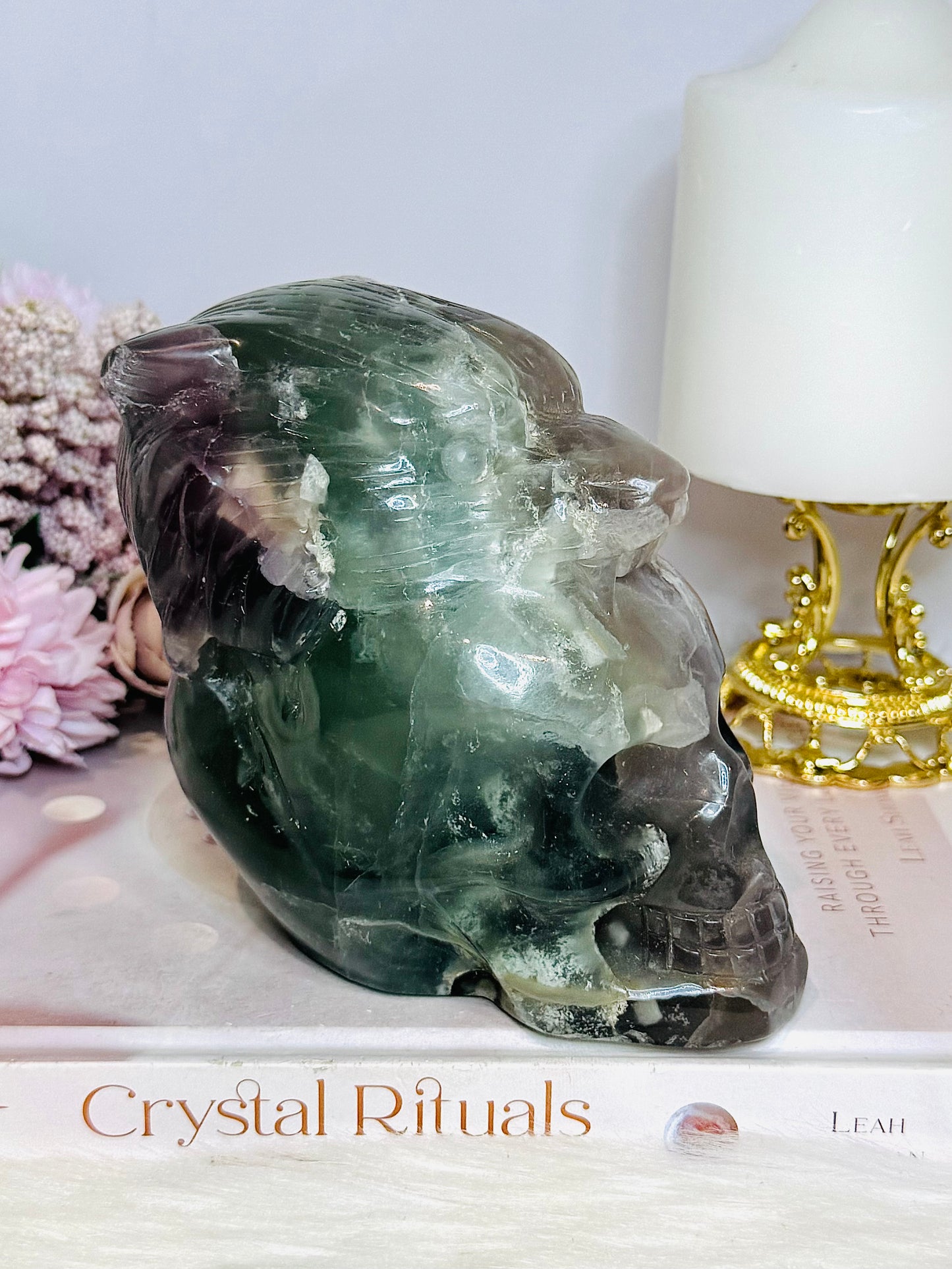 Large Fluorite Carved Skull with Bear Head 1.68KG