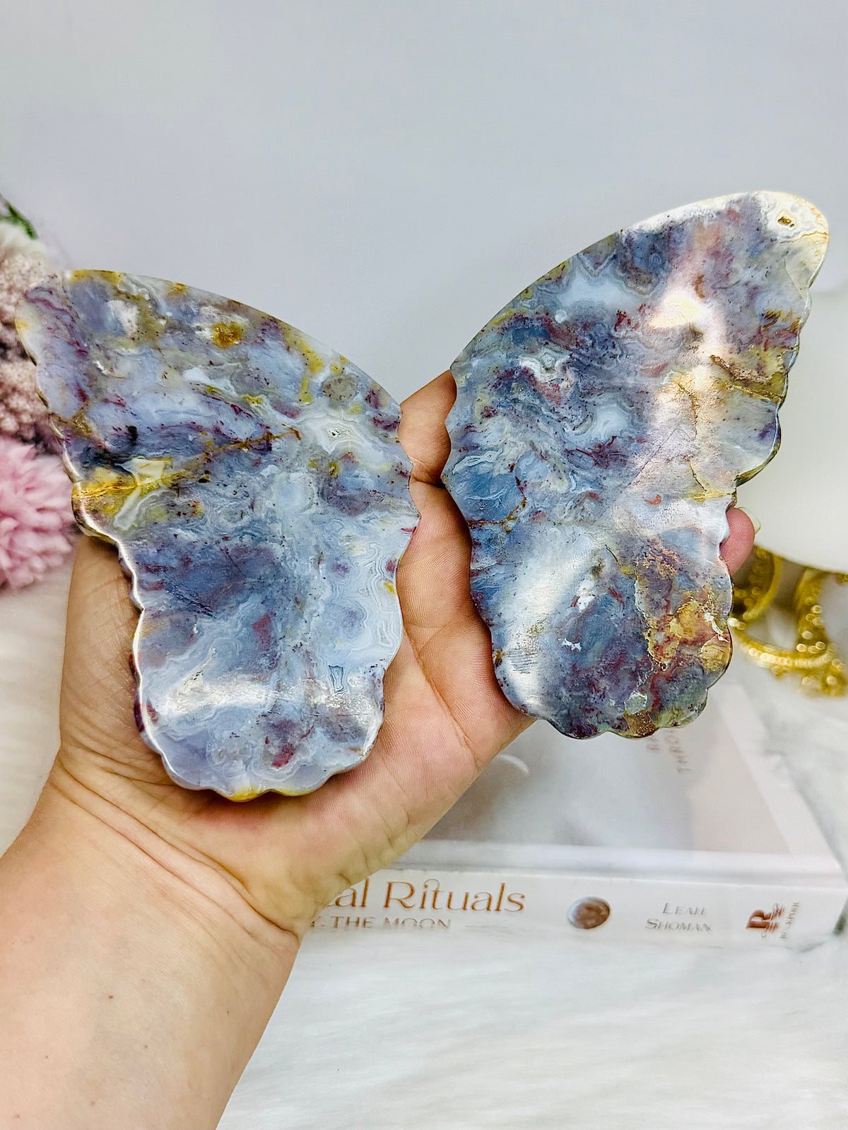 Colourful Agate Carved Butterfly Wings 12.5cm On Stand