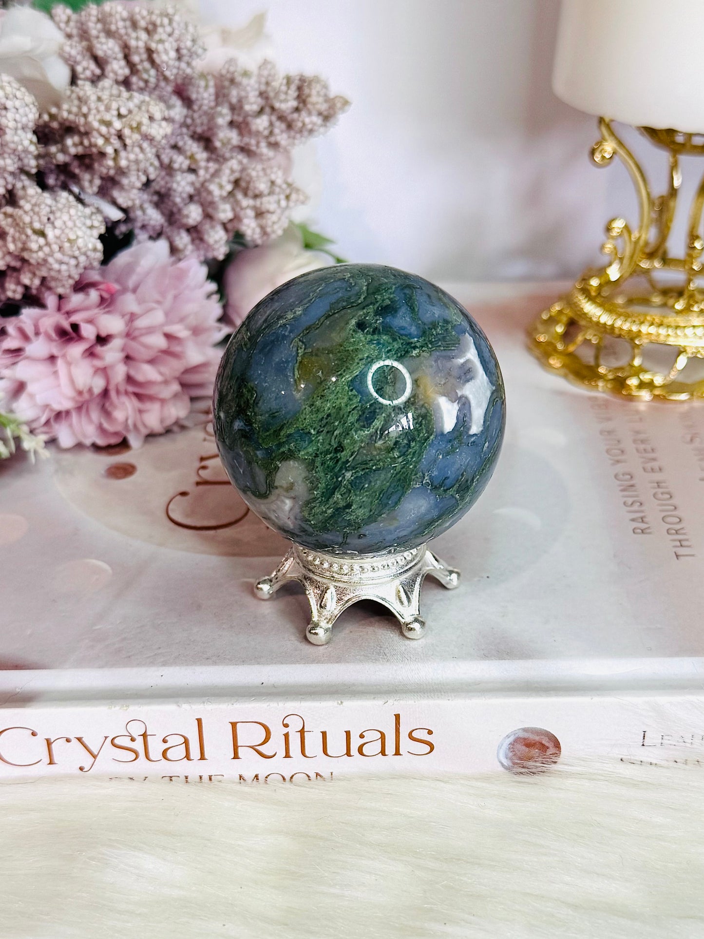 Moss Agate Sphere On Stand 301grams
