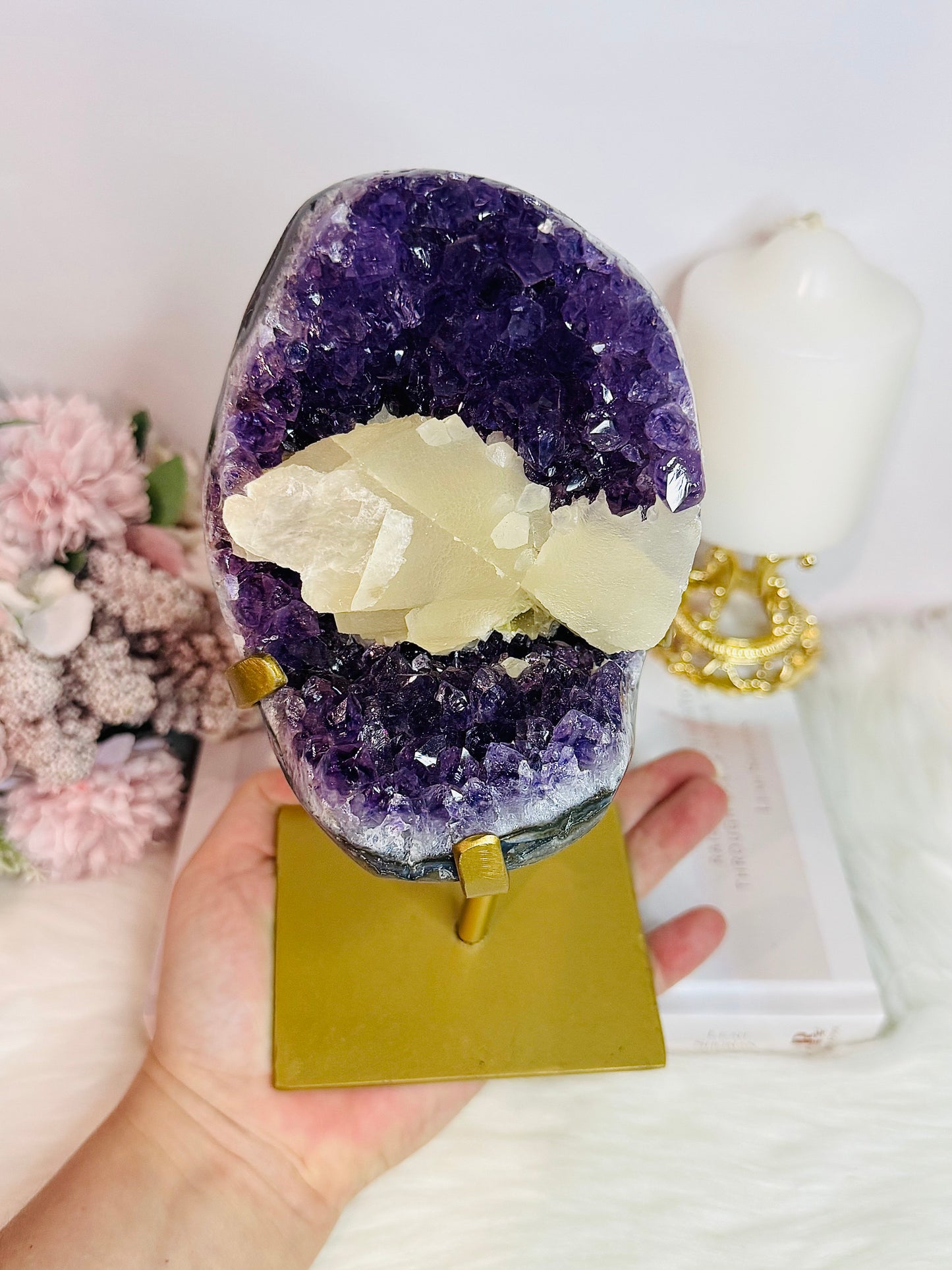 Huge Stunning High Grade Deep Purple Amethyst Cluster with Calcite Inclusion On Gold Stand 21cm 1.5KG