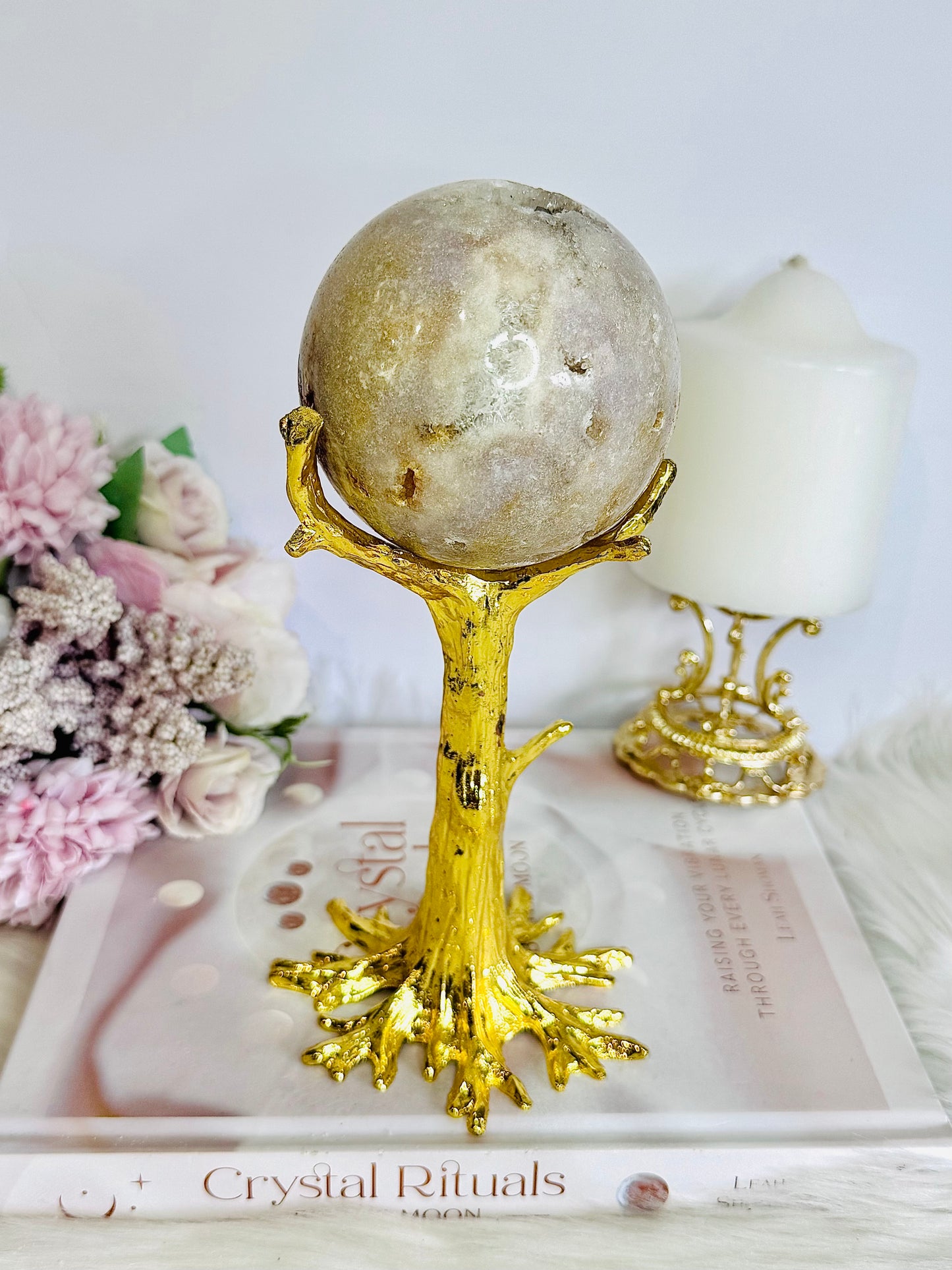 Stunning Druzy Pink Amethyst Large Sphere on Gold Tree Stand 578grams 20cm