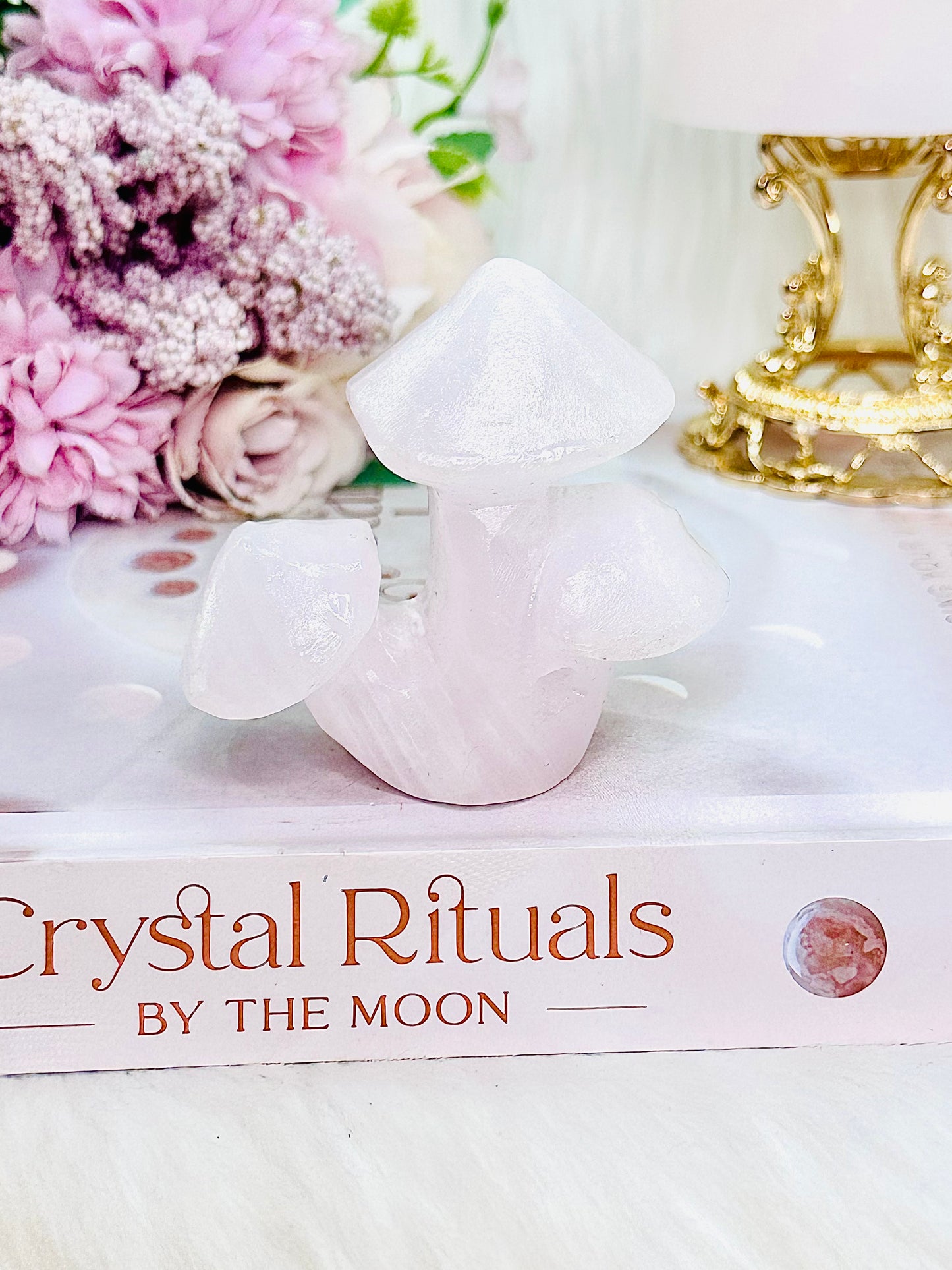 Beautiful Pink Manango Calcite Triple Mushroom Carving
