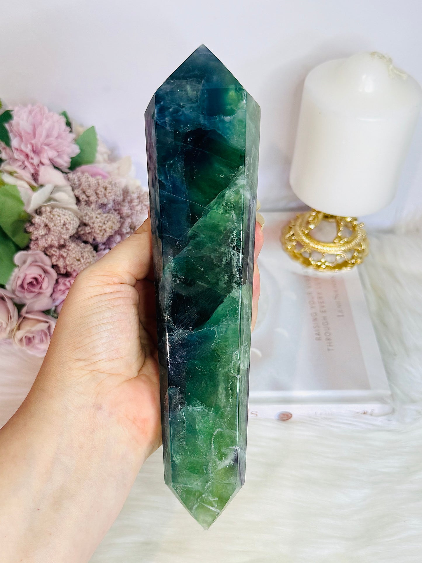 Huge Fluorite Double Terminated Point Full of Rainbows On Timber Stand 1.12KG 23cm