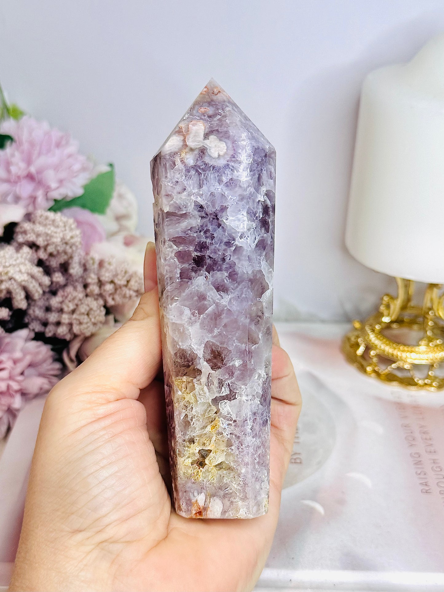 High Grade Rare Amethyst X Flower Agate Carved Sceptre | Tower 14cm