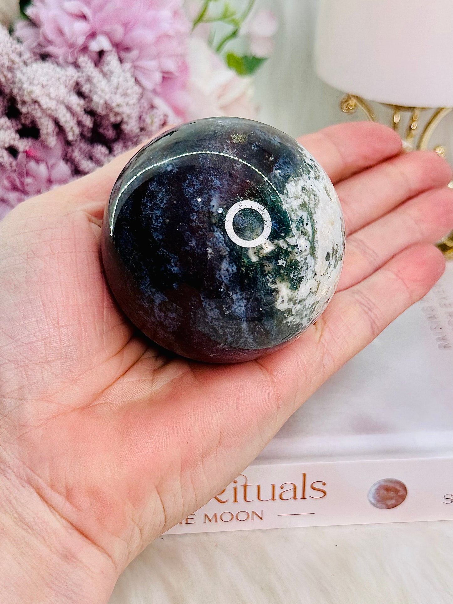 Peace & Tranquility ~ Beautiful Moss Agate Sphere On Stand 291grams (Glass stand in pic is display only)