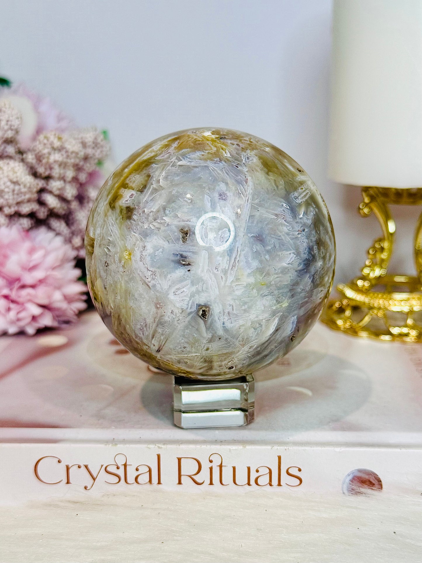 Large Ocean Jasper Rutile Druzy Sphere on Stand