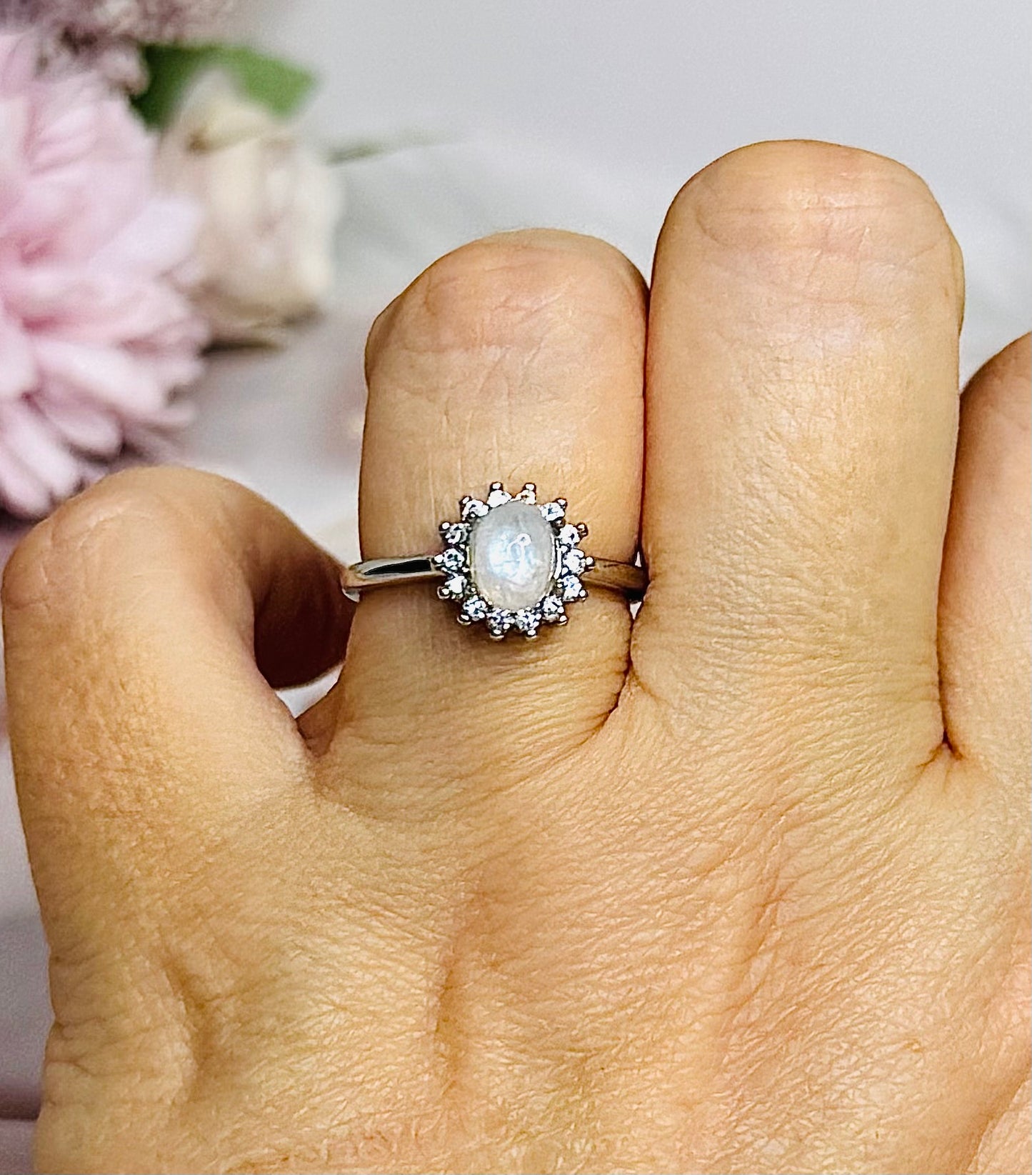 Moonstone Adjustable Ring with Blue Flash