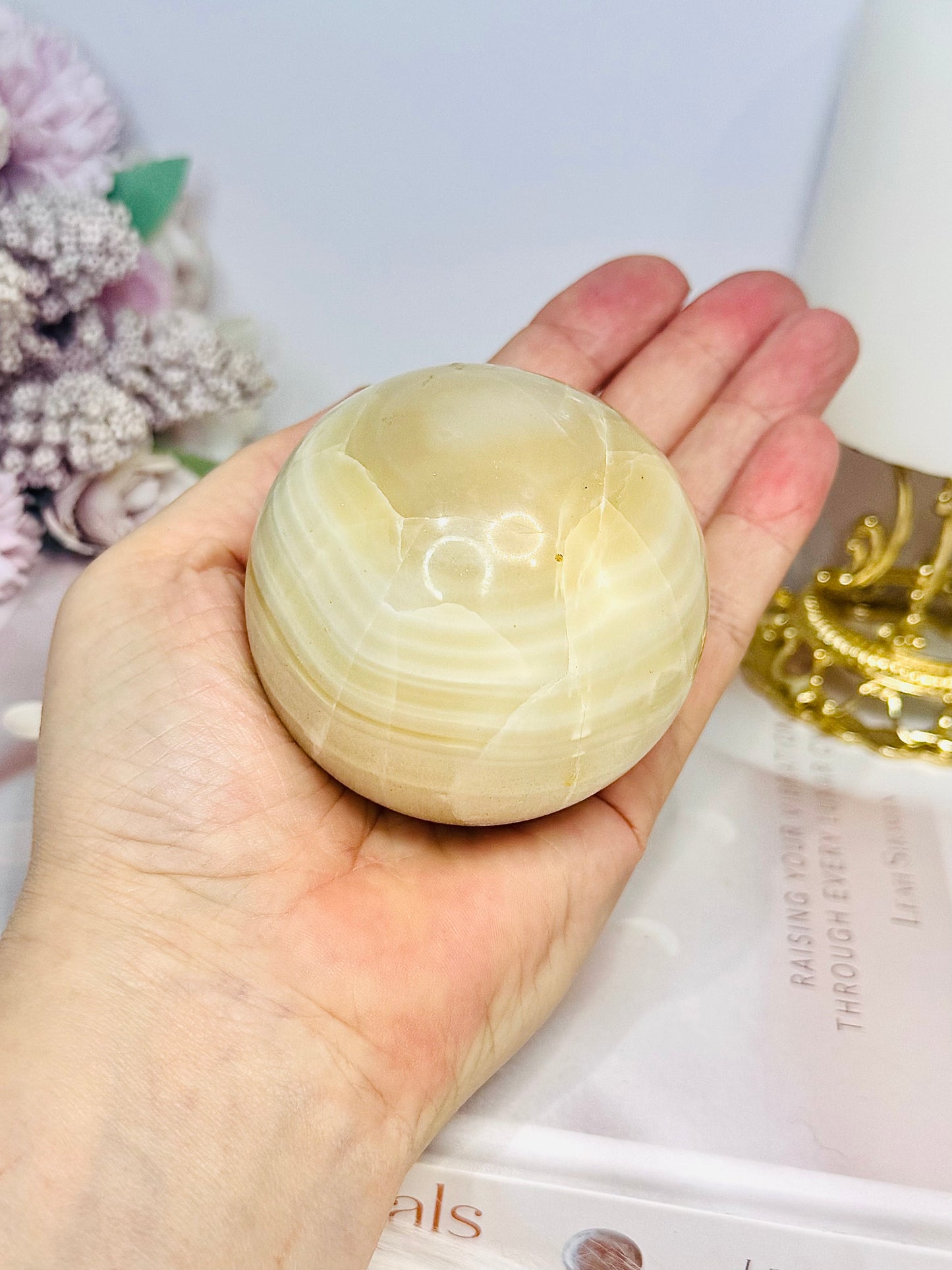 Large Banded Calcite Sphere on Stand 413g