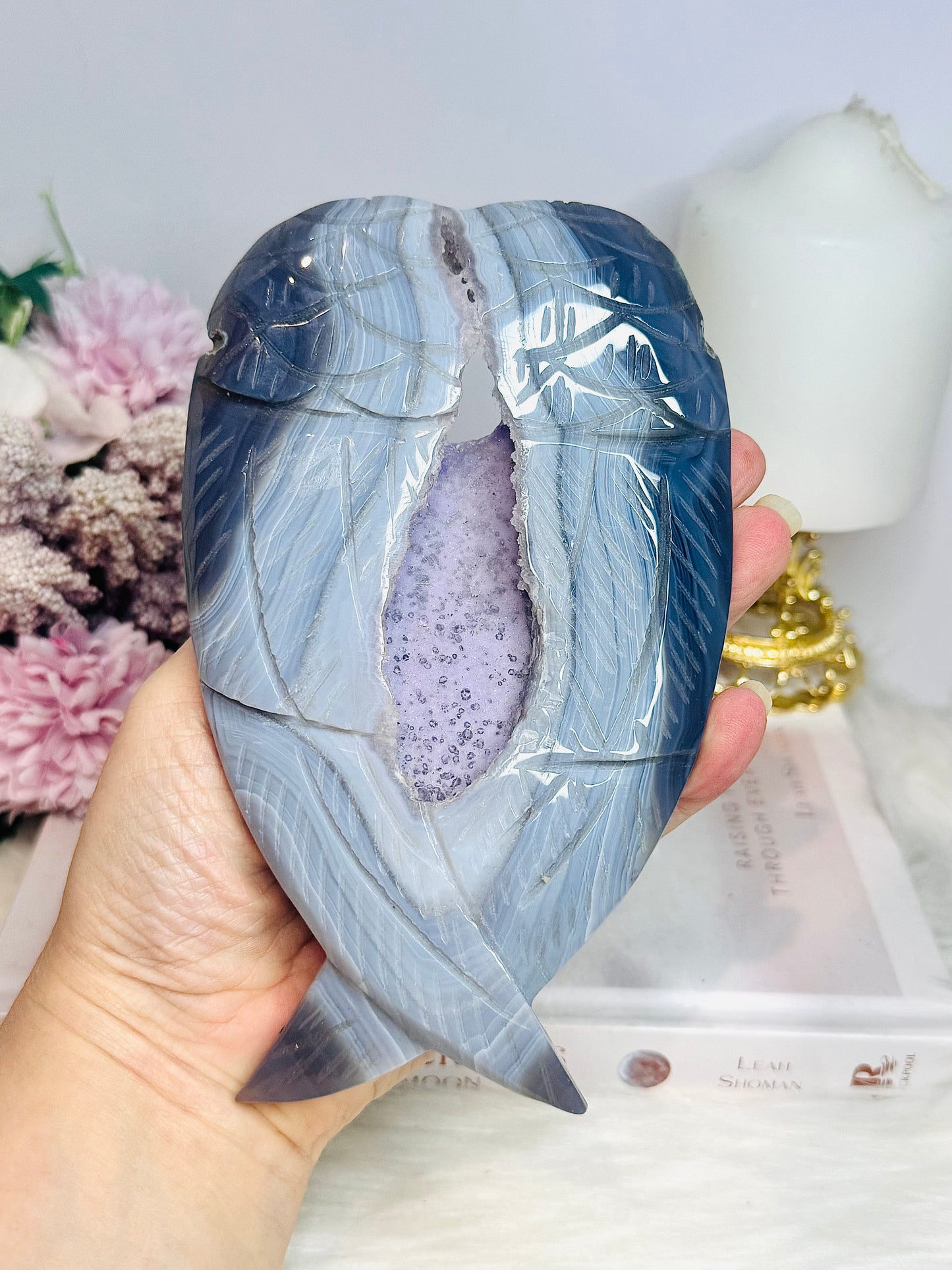 Amethyst X Agate Carved Wings on Stand 16cm