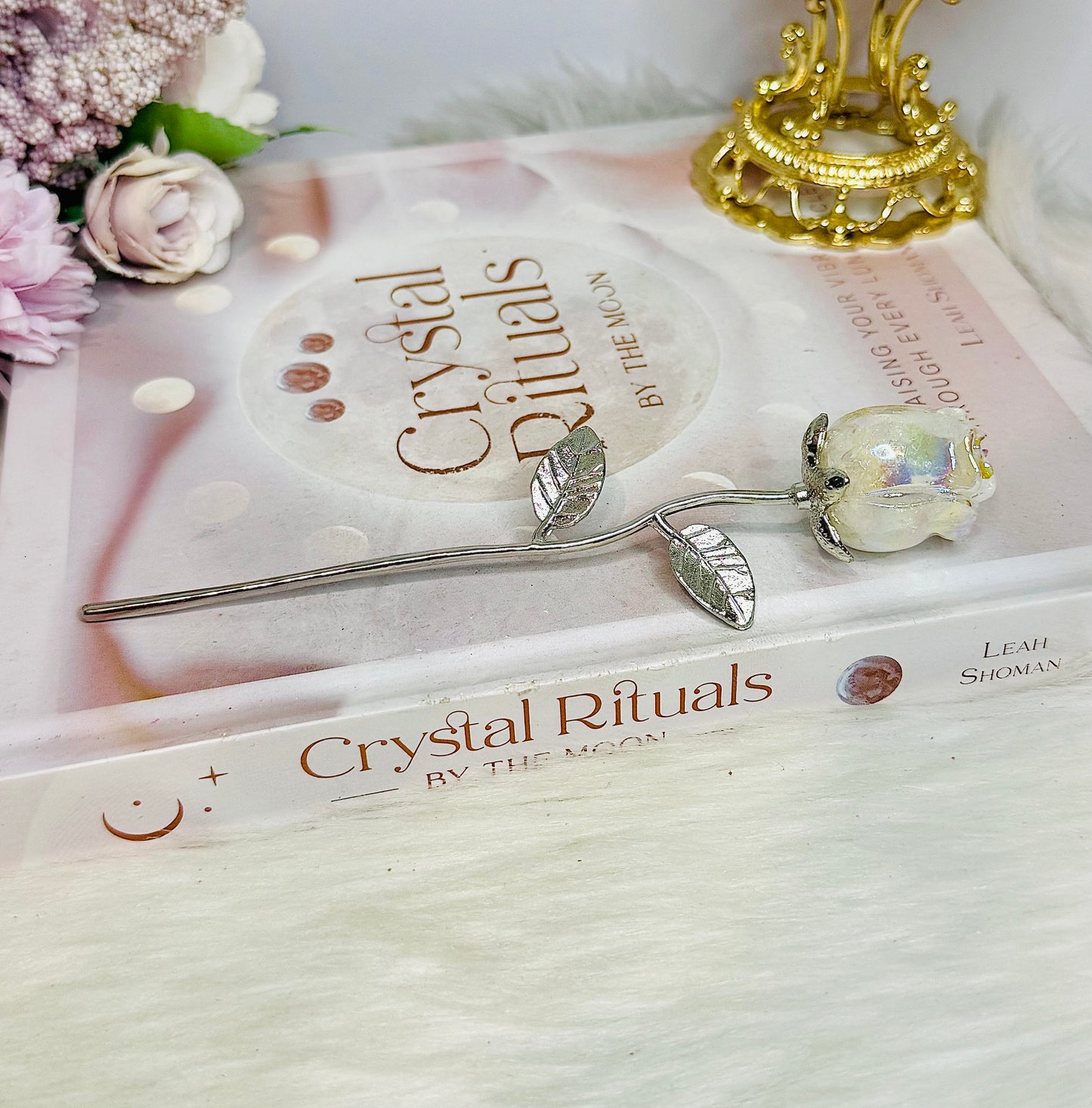Angel Aura Clear Quartz Rose with Silver Stem 15cm