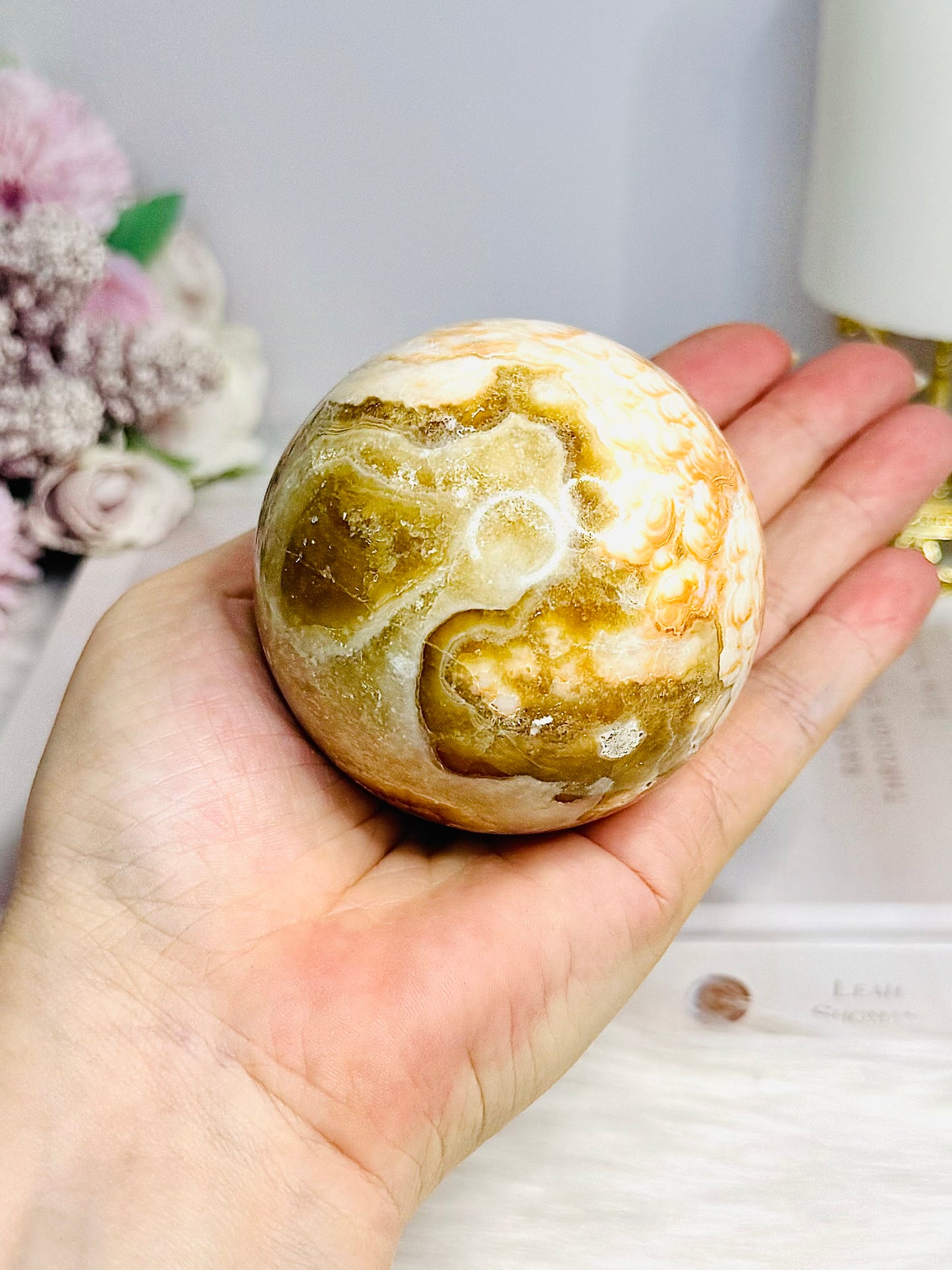 Large Orange Calcite Sphere on Stand 438g