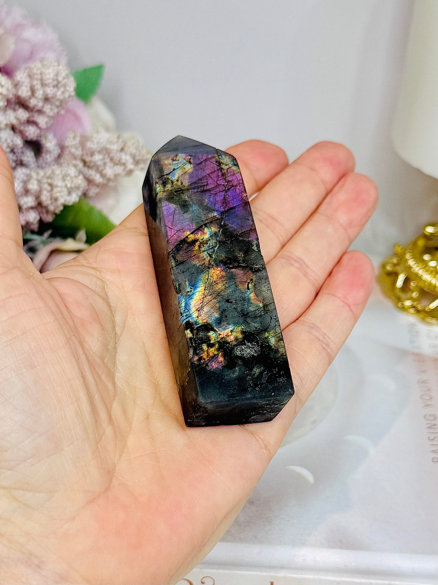 High Grade Labradorite Tower with Purple Flash 9cm (natural line in stone)