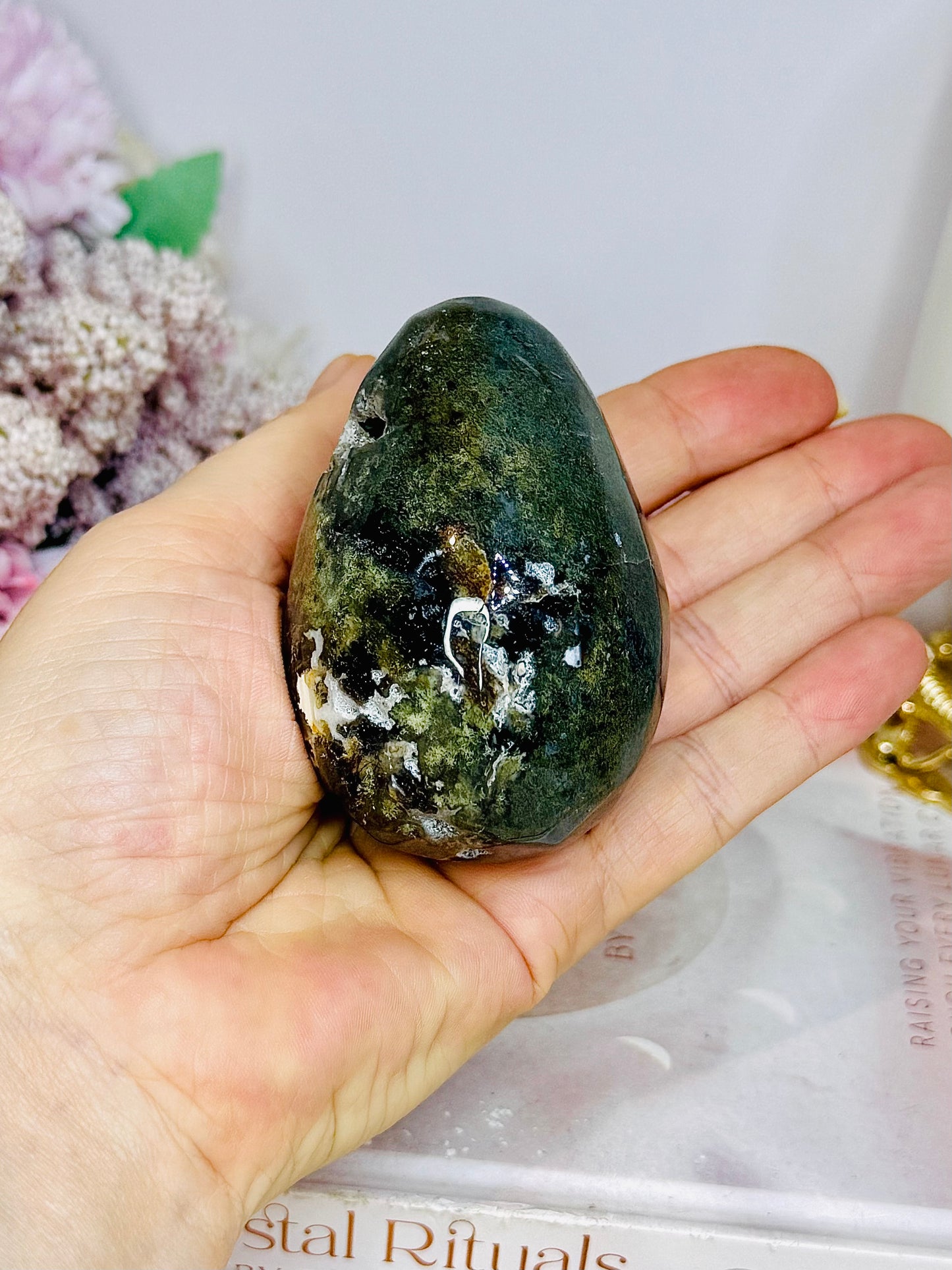 Moss Agate Druzy Egg On Stand 201g