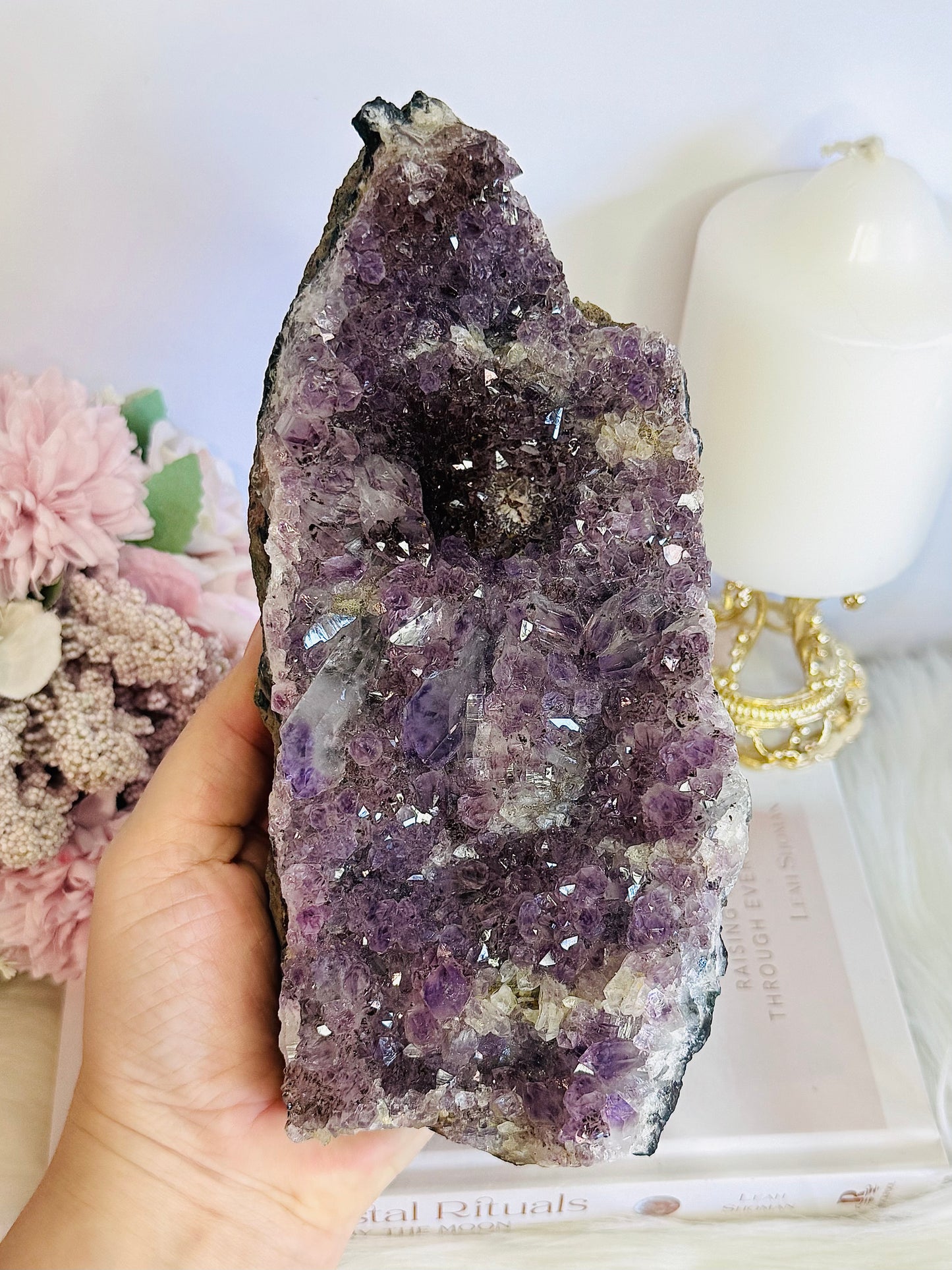 High Grade Amethyst Natural Cluster Slab with Stalactite Formations On Custom Stand 23cm 1.03KG