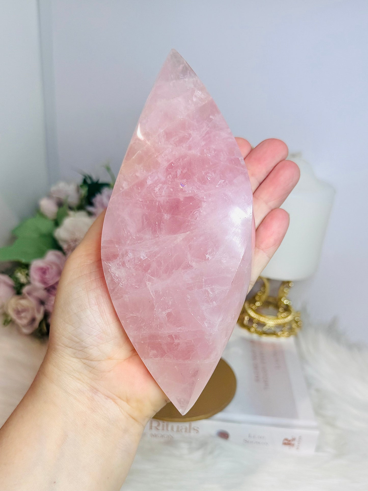 Large Rose Quartz Perfectly Carved Flame On Gold Stand 1.05KG 28cm