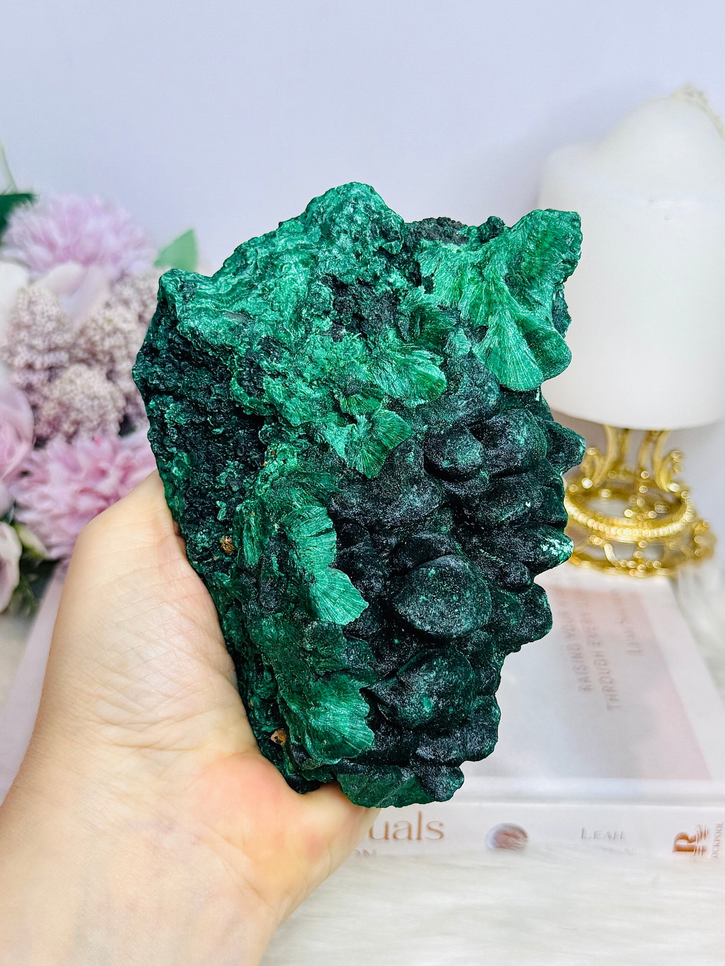 High Grade Velvet Botryoidal Malachite Natural Specimen on Stand 882g 15cm