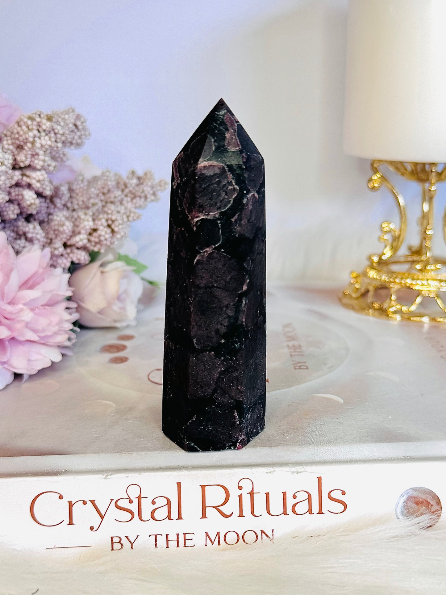 Natural Garnet In Astrophyllite 9cm Tower