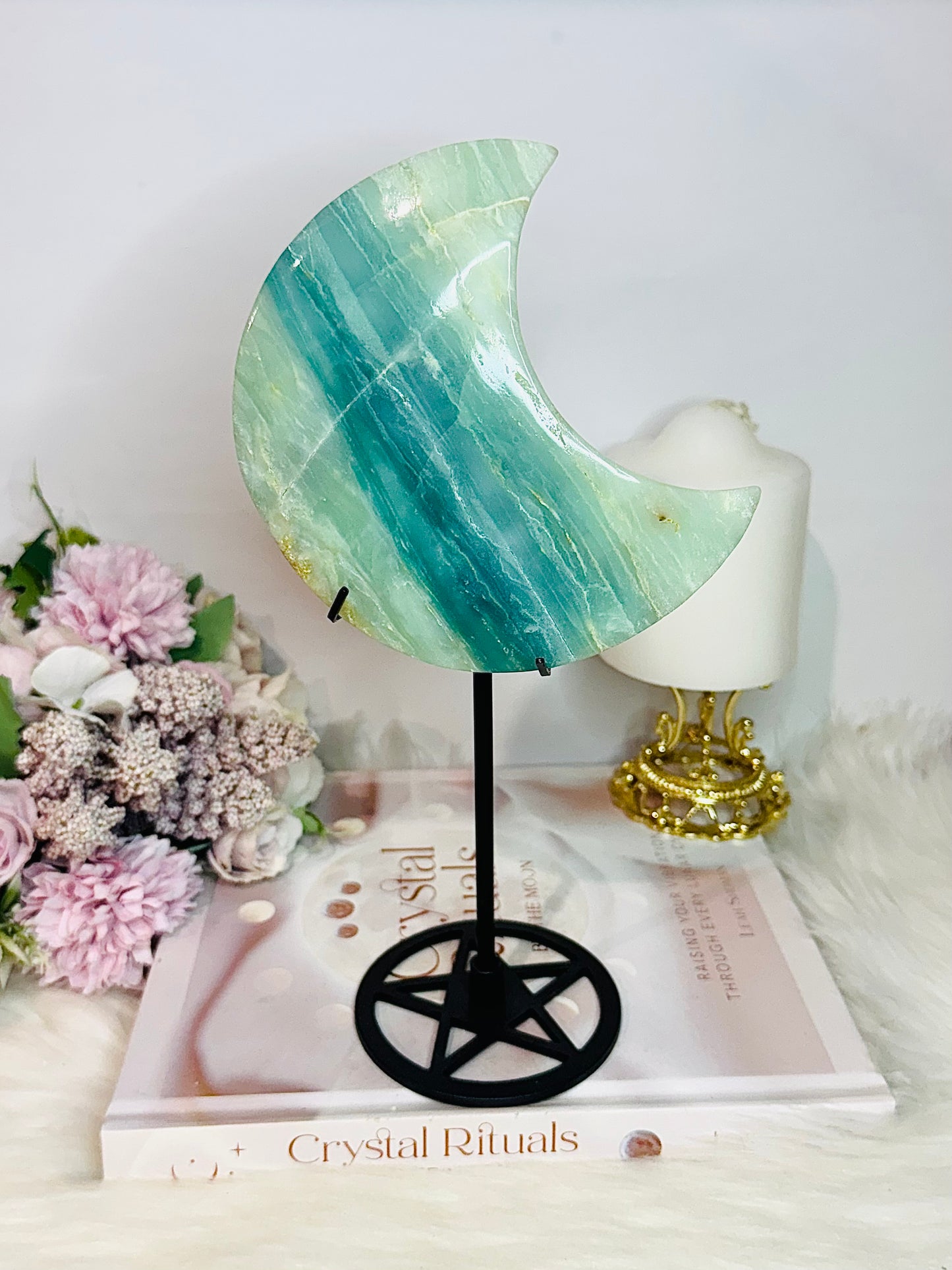 Large Sky Blue Quartz Carved Chunky Moon On Stand 25cm 626grams