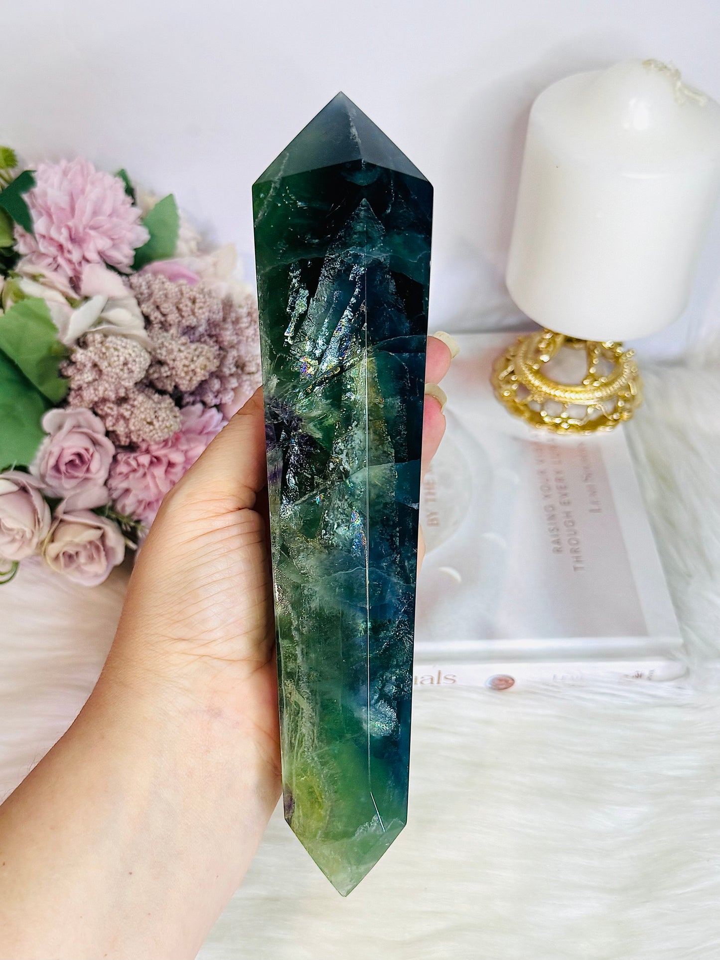 Huge Fluorite Double Terminated Point Full of Rainbows On Timber Stand 1.12KG 23cm