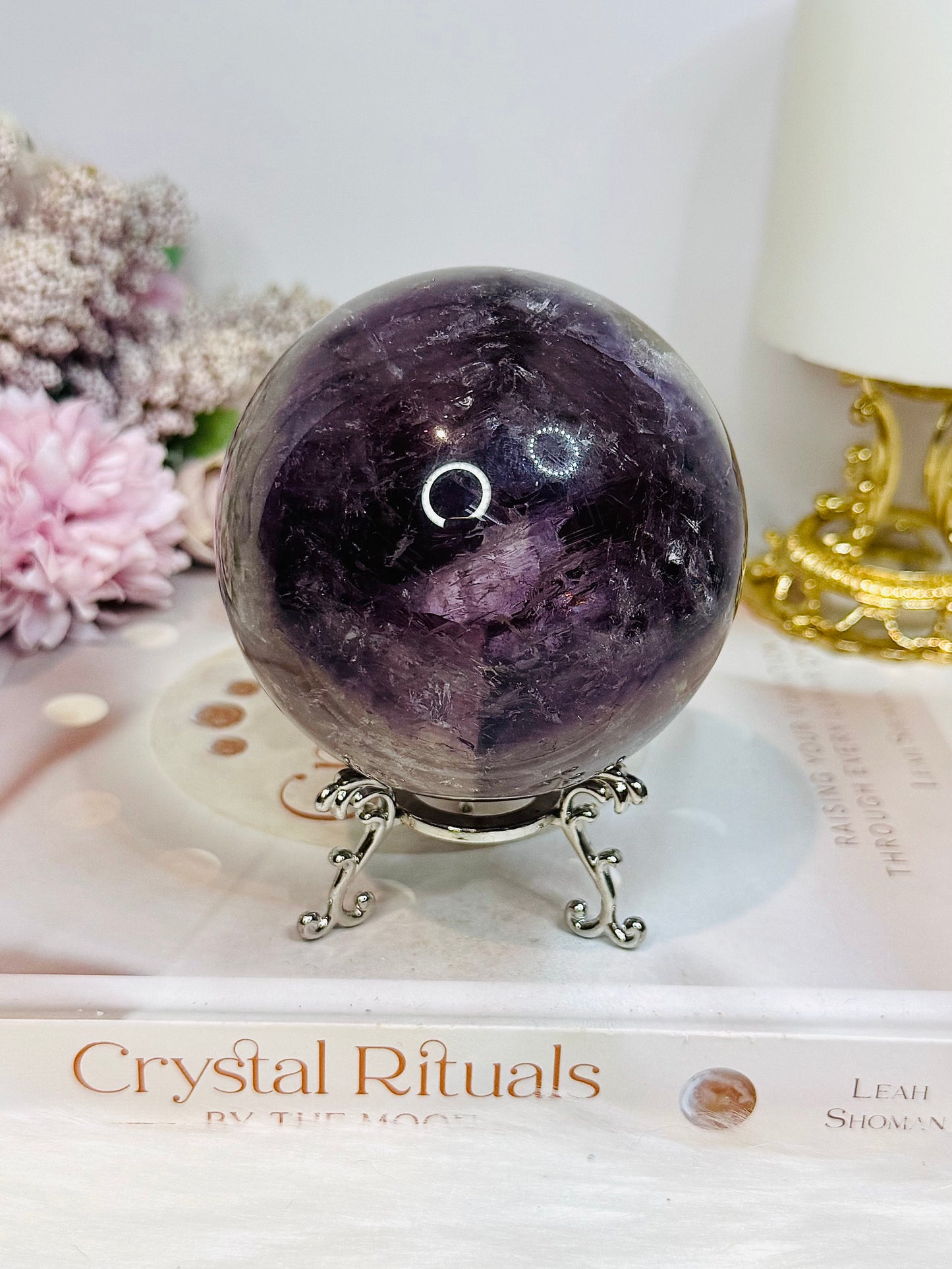 Large High Grade Phantom Amethyst Sphere with Rainbows On Stand 665g