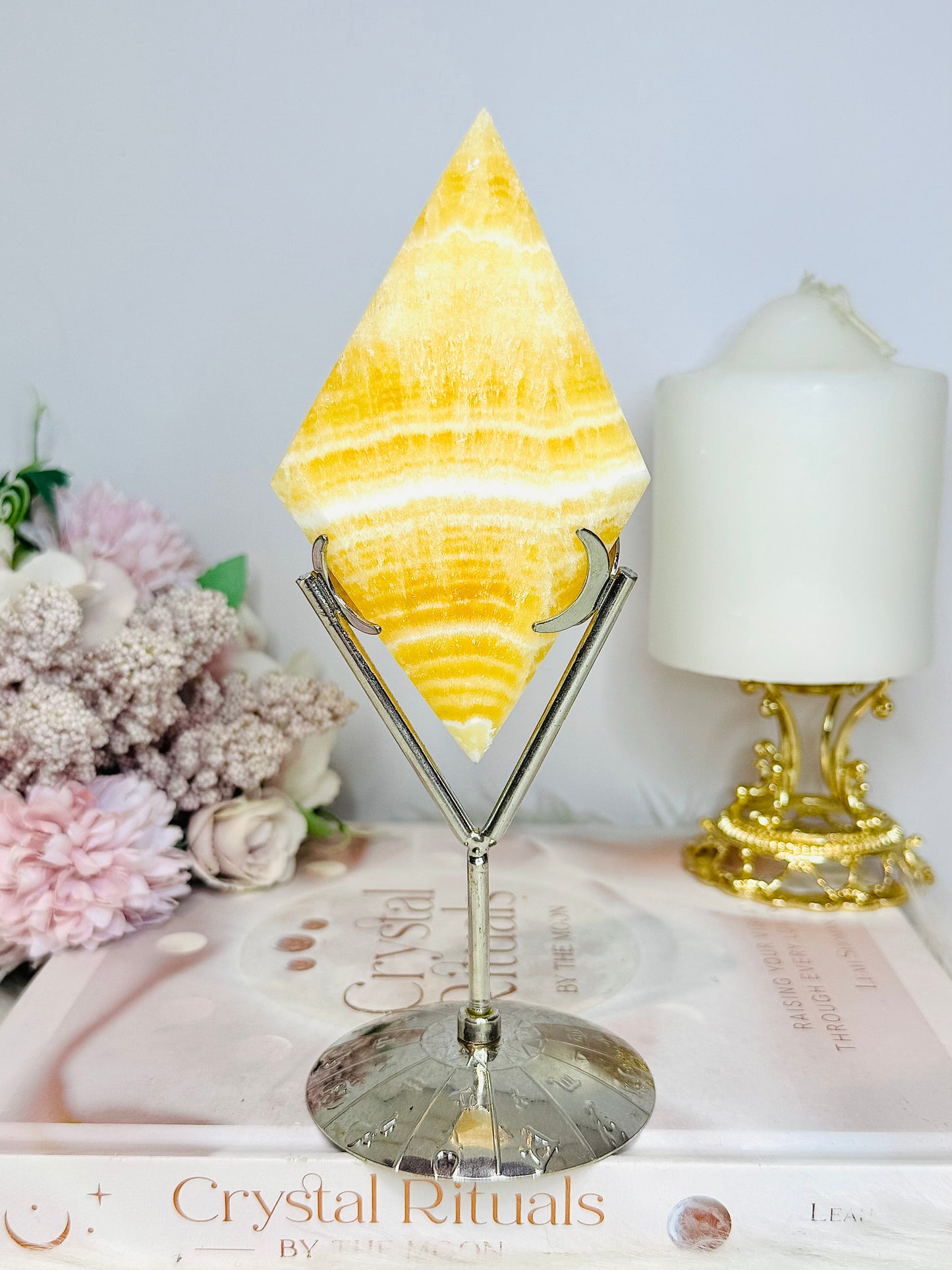 Tall 18cm Orange Calcite Carved Diamond On Stand