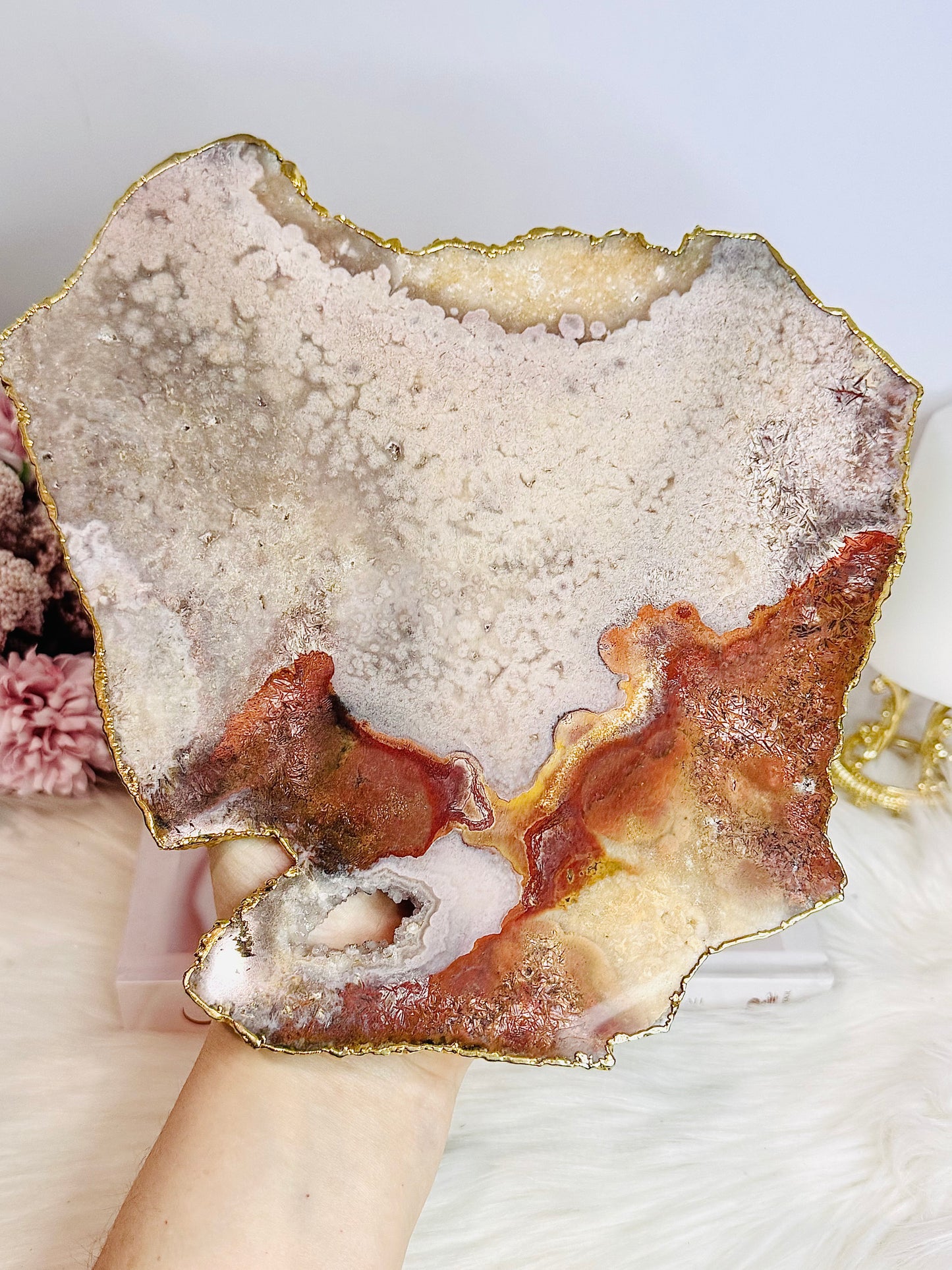 A Collectors Piece ~ High Grade Natural Pink Amethyst Druzy Slice | Slab with Gold Plating on Gold Stand 496g