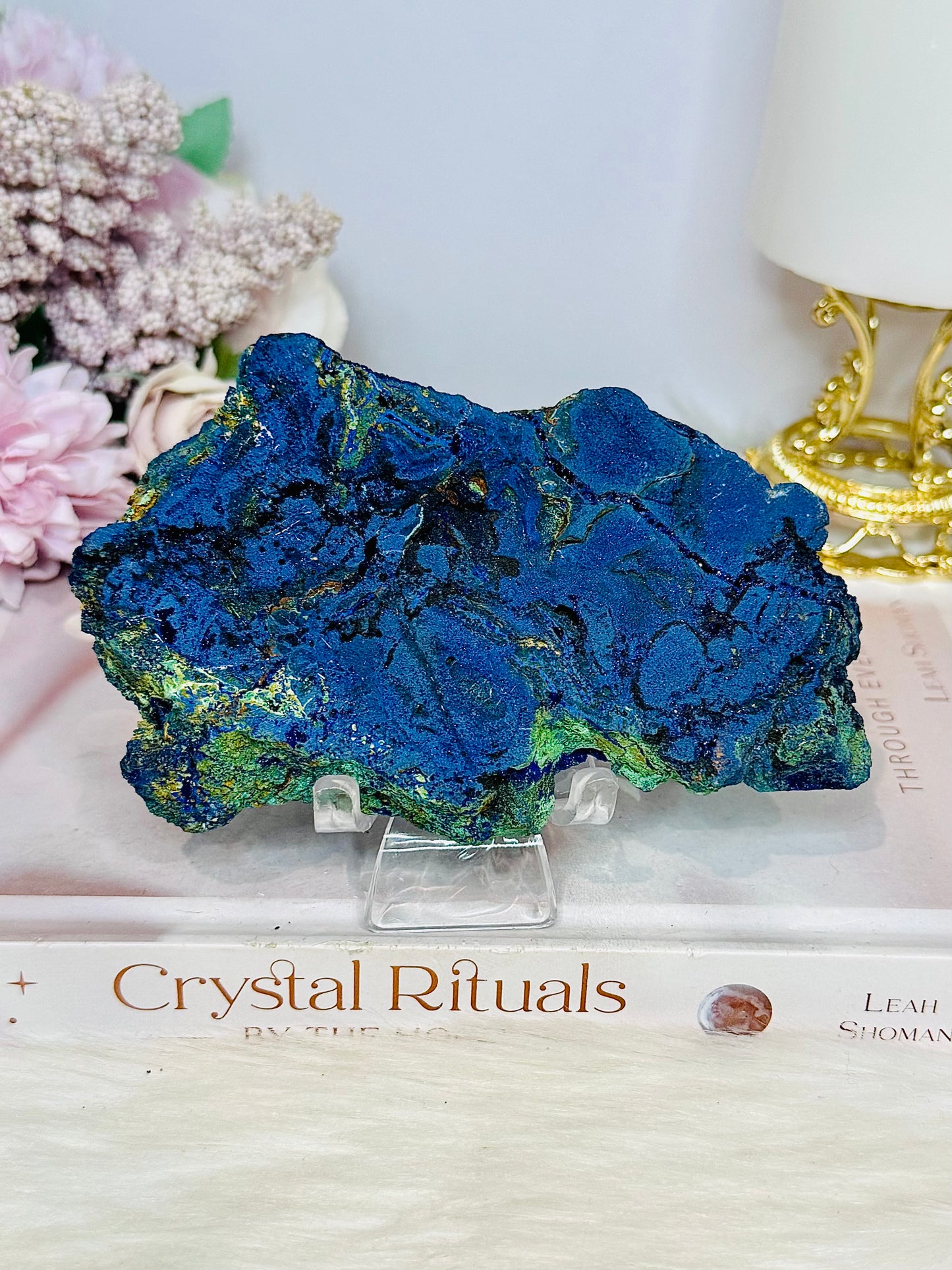 High Grade Azurite Slab with Malachite Inclusions on Stand 12cm