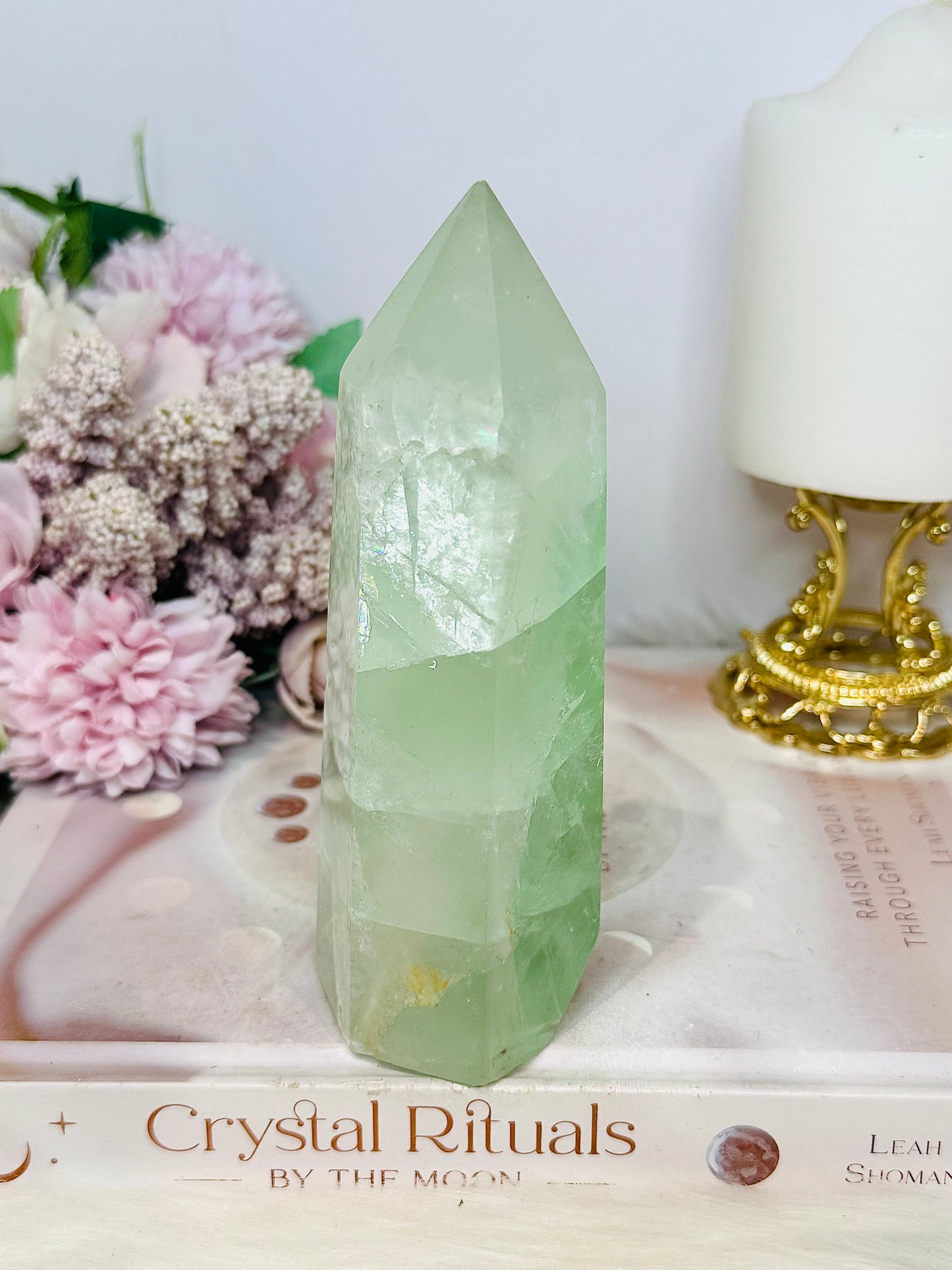 High Grade Light Green Fluorite Tower with Rainbows 14cm 551g