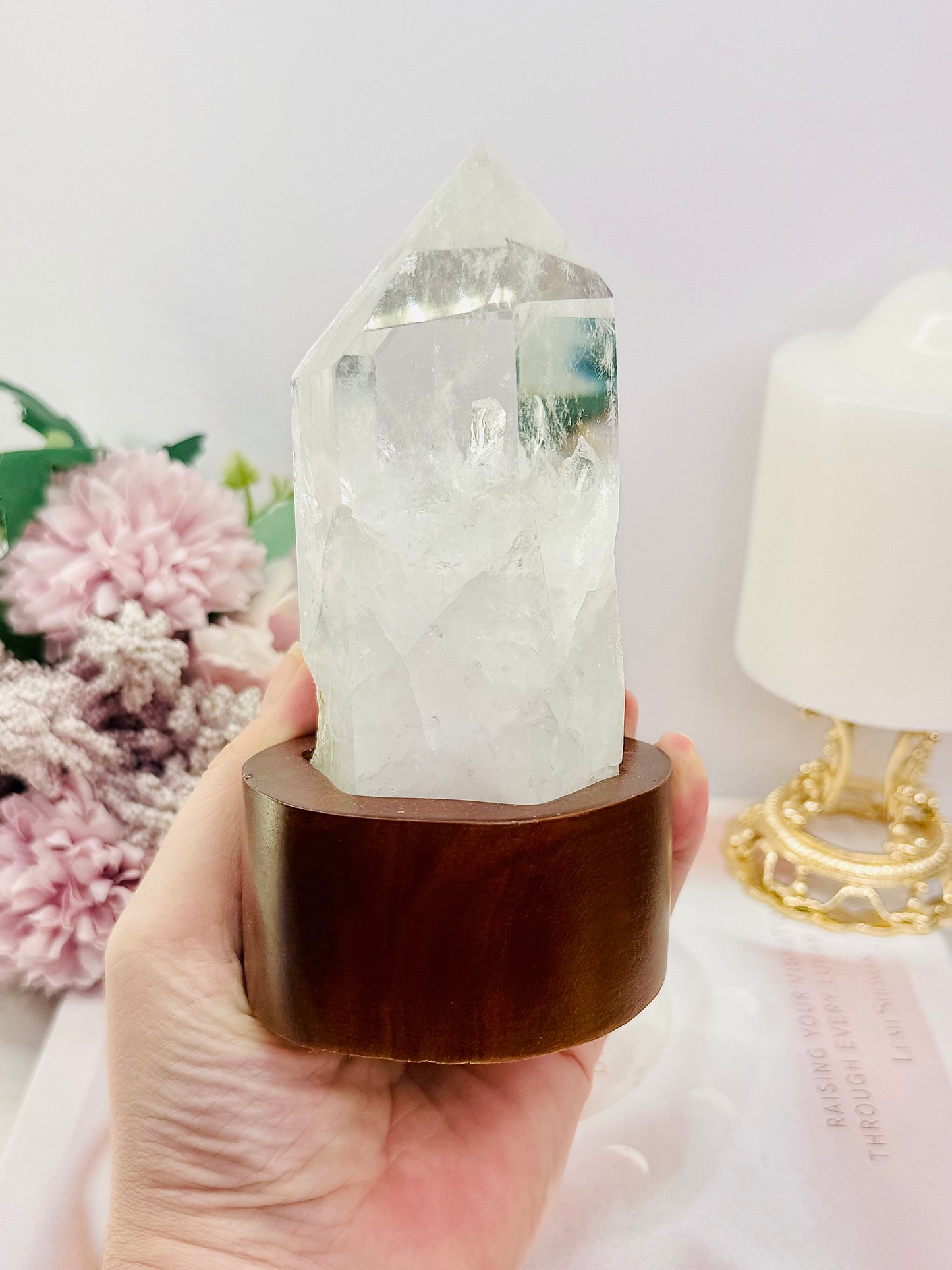 Natural Clear Quartz Tower On Timber Base 14.5cm 512grams