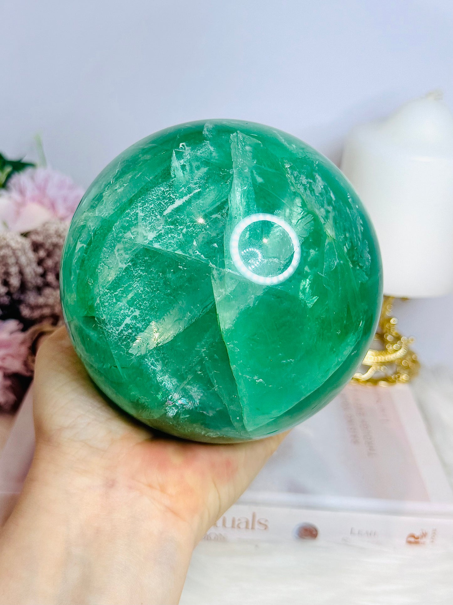 Huge High Grade Green Fluorite Sphere with Rainbows on Stand 2.4KG